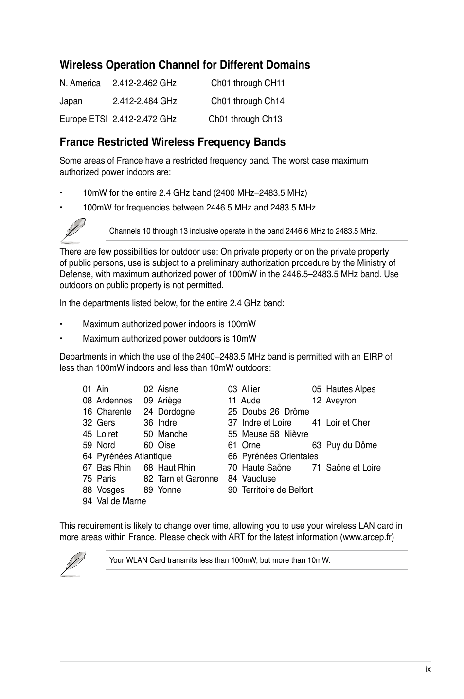 Wireless operation channel for different domains, France restricted wireless frequency bands | Asus Rampage IV Extreme User Manual | Page 9 / 179