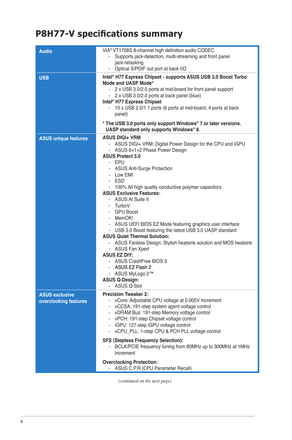 P8h77-v specifications summary | Asus P8H77-V User Manual | Page 10 / 150