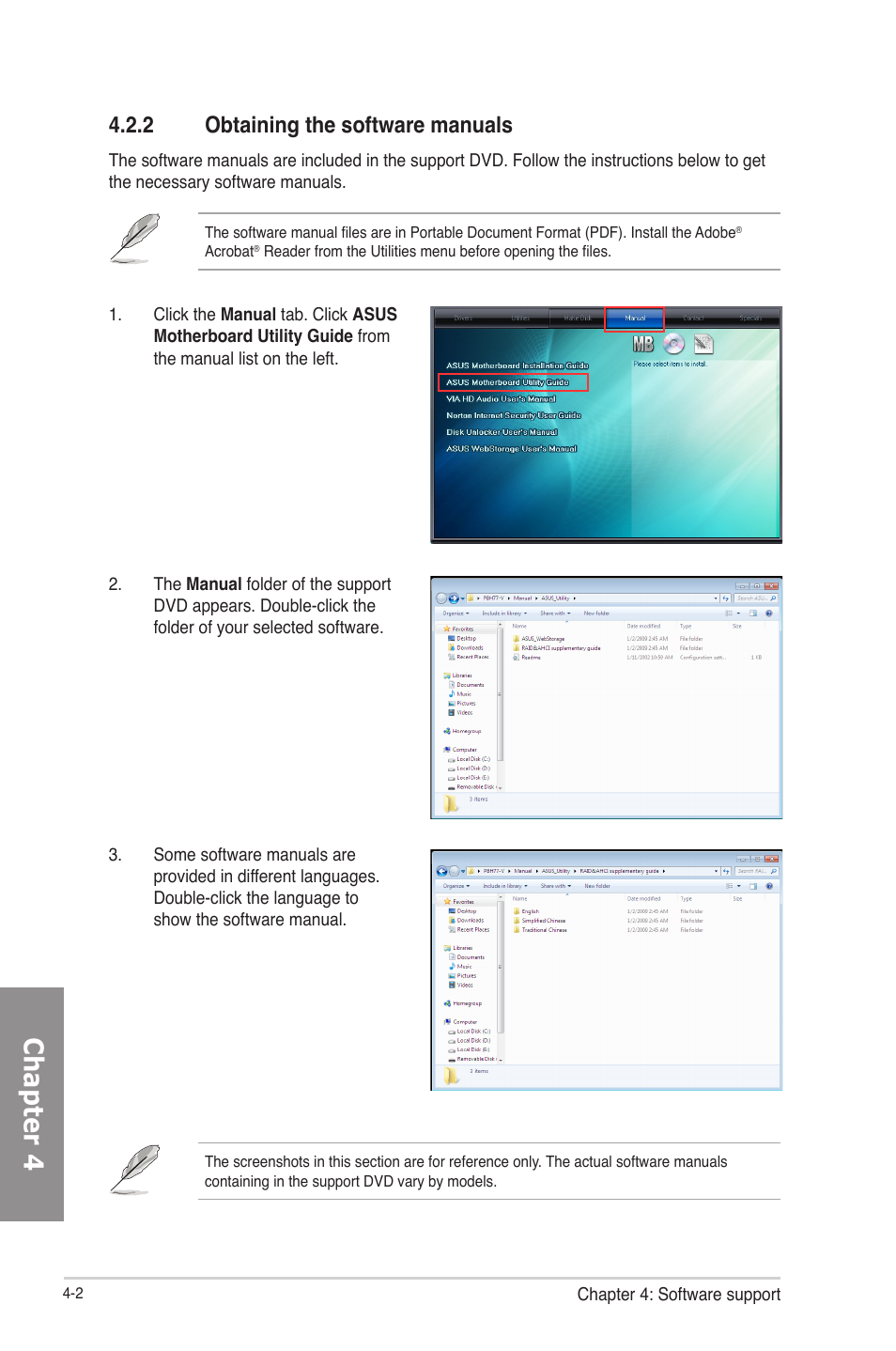 2 obtaining the software manuals, Obtaining the software manuals -2, Chapter 4 | Asus P8H77-V User Manual | Page 102 / 150