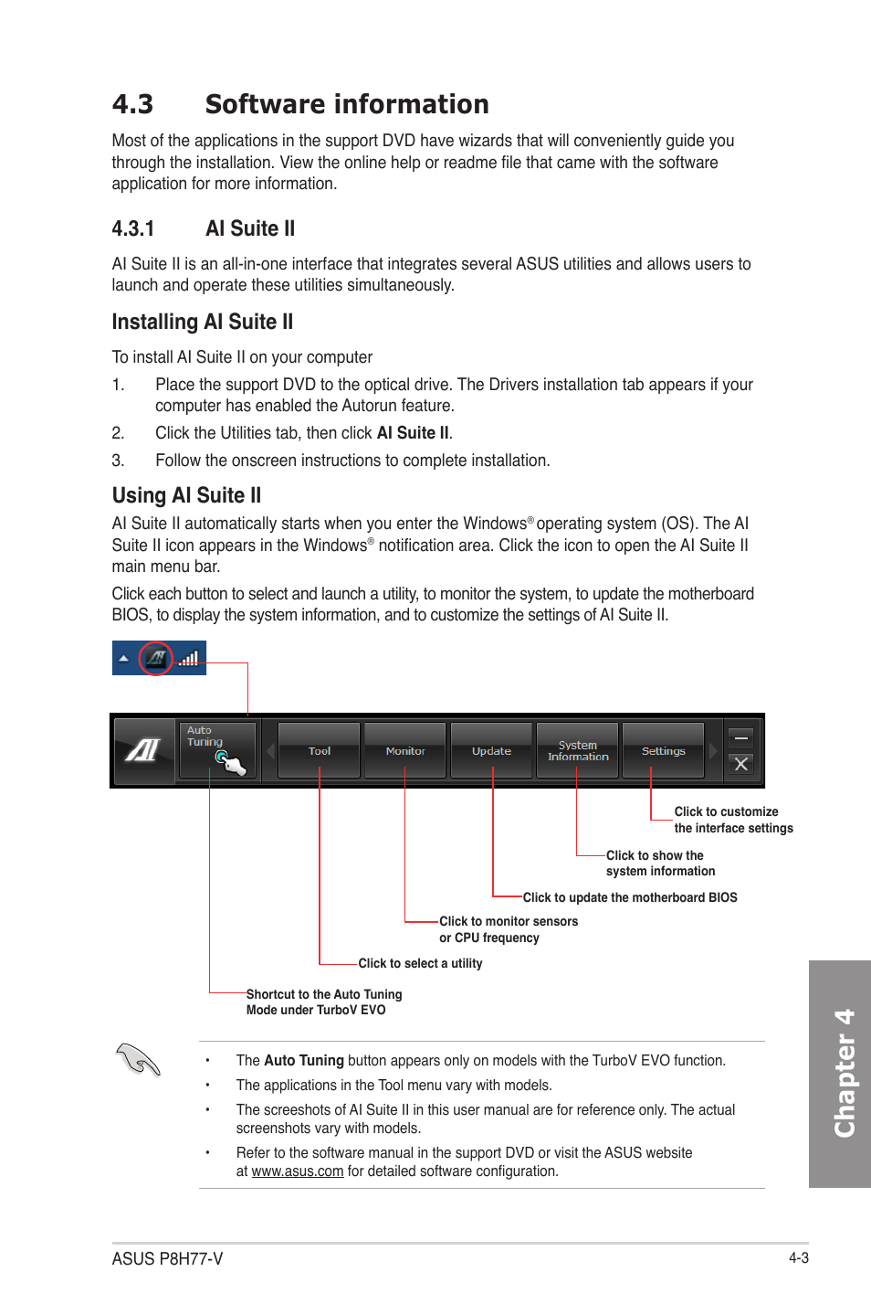 3 software information, 1 ai suite ii, Software information -3 | Ai suite ii -3, Chapter 4 4.3 software information, Installing ai suite ii, Using ai suite ii | Asus P8H77-V User Manual | Page 103 / 150
