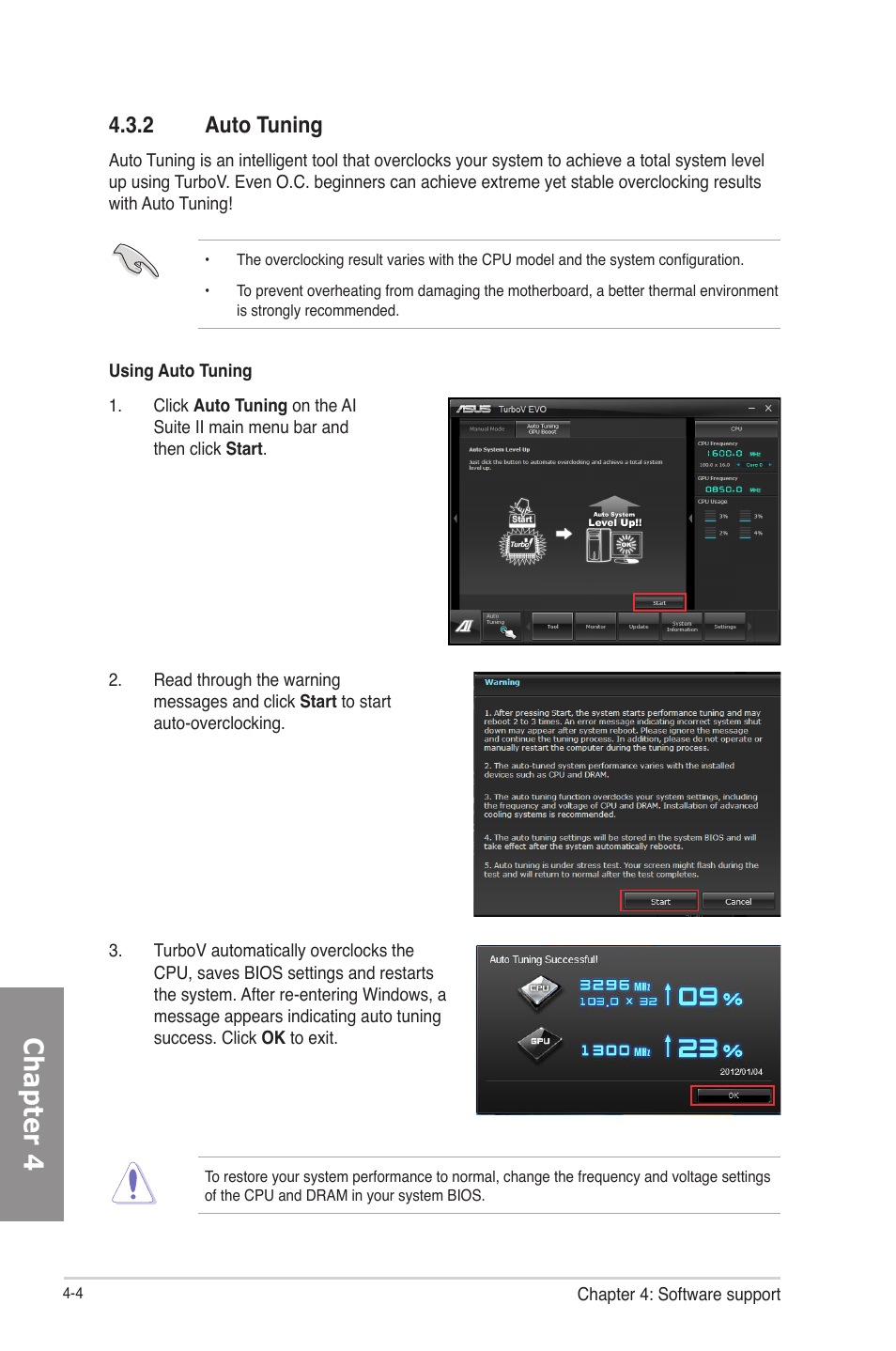 2 auto tuning, Auto tuning -4, Chapter 4 | Asus P8H77-V User Manual | Page 104 / 150