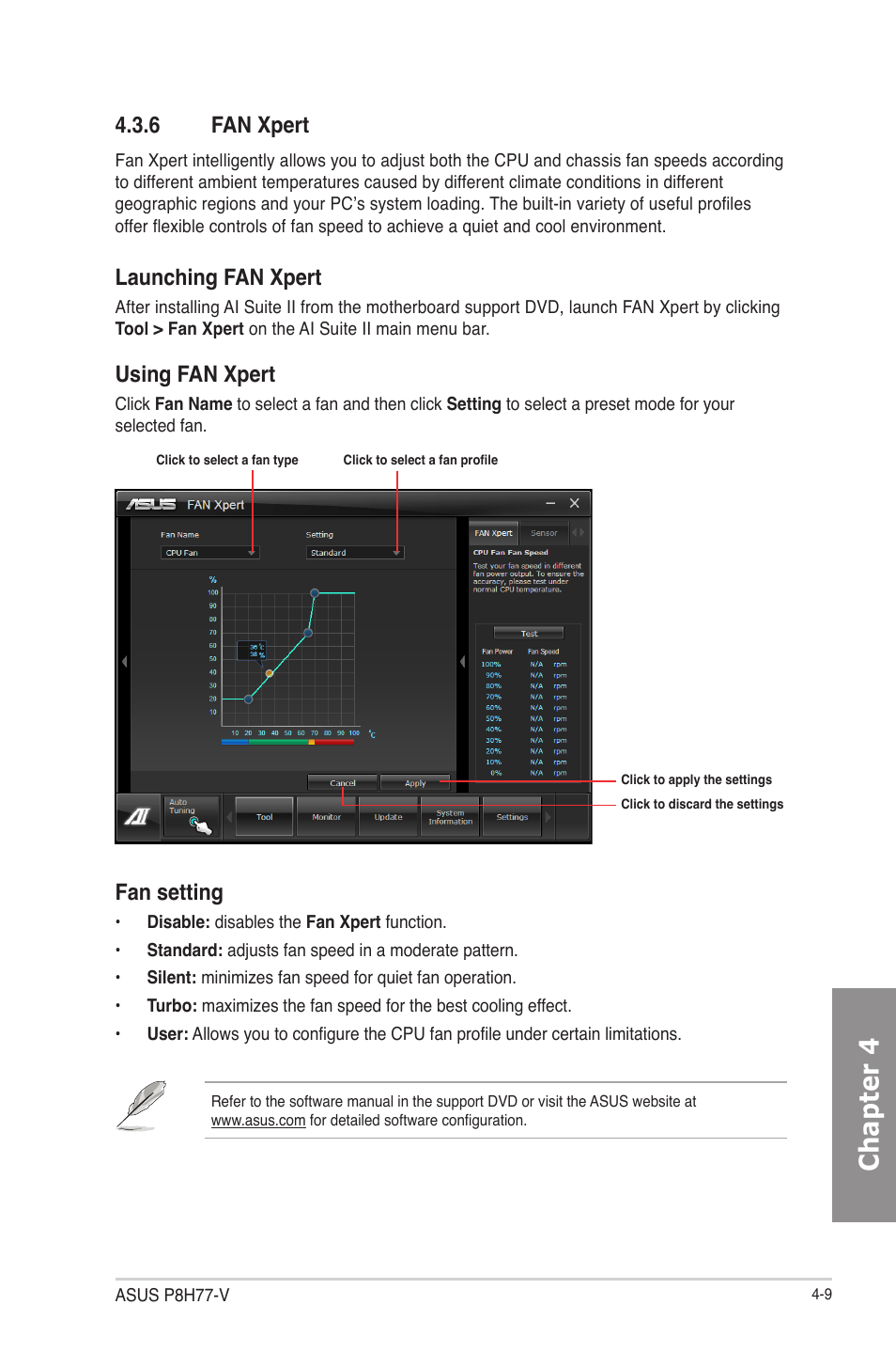 6 fan xpert, Fan xpert -9, Chapter 4 | Launching fan xpert, Fan setting, Using fan xpert | Asus P8H77-V User Manual | Page 109 / 150