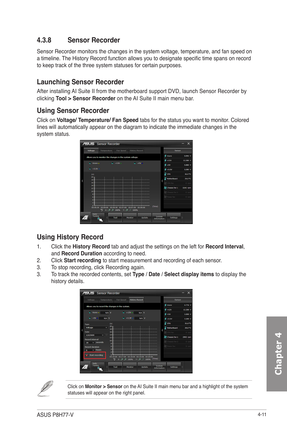 8 sensor recorder, Sensor recorder -11, Chapter 4 | Launching sensor recorder, Using sensor recorder, Using history record | Asus P8H77-V User Manual | Page 111 / 150