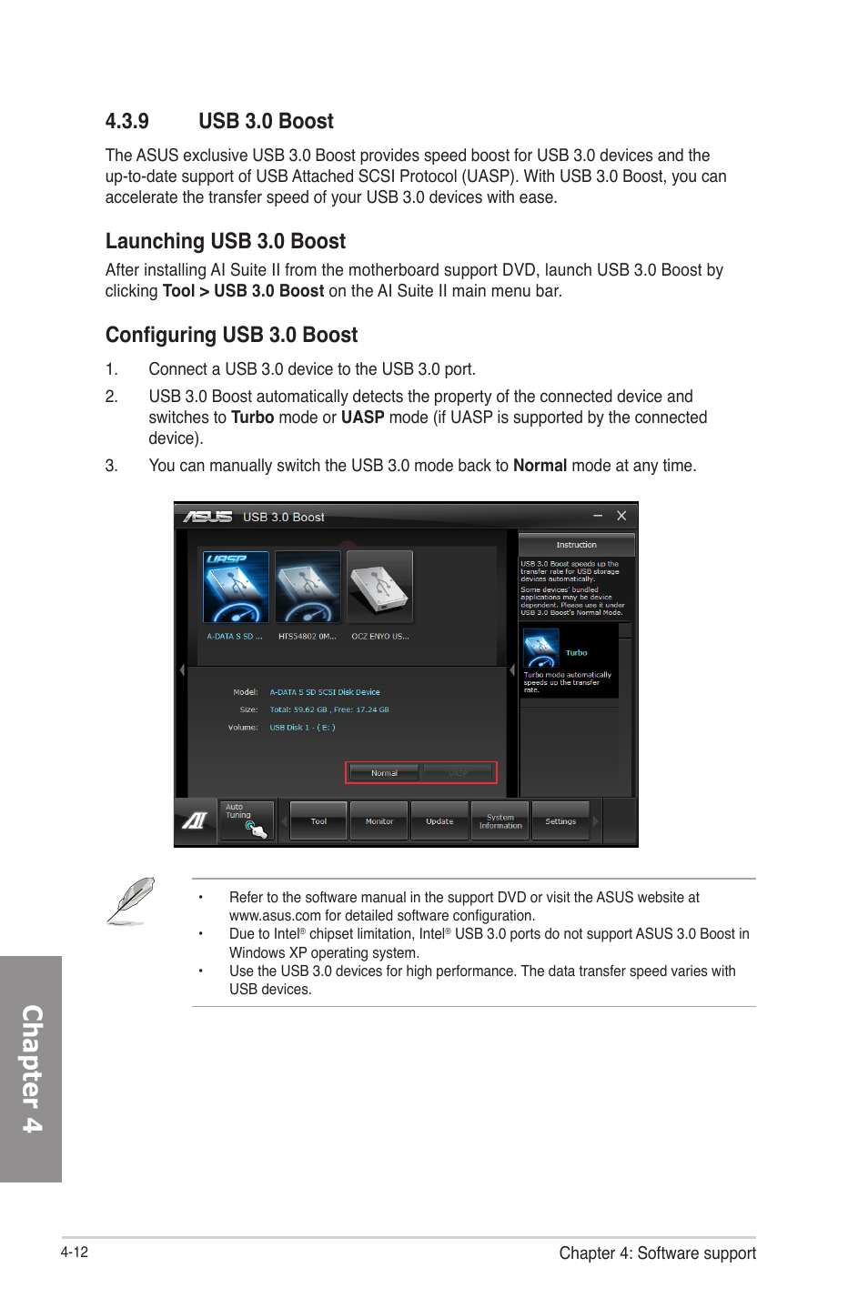 9 usb 3.0 boost, Usb 3.0 boost -12, Chapter 4 | Launching usb 3.0 boost, Configuring usb 3.0 boost | Asus P8H77-V User Manual | Page 112 / 150