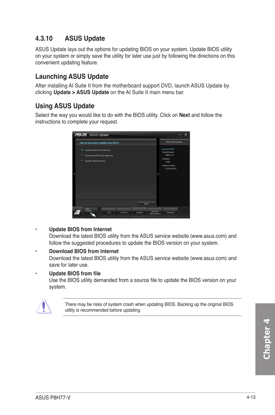 10 asus update, 10 asus update -13, Chapter 4 | Launching asus update, Using asus update | Asus P8H77-V User Manual | Page 113 / 150