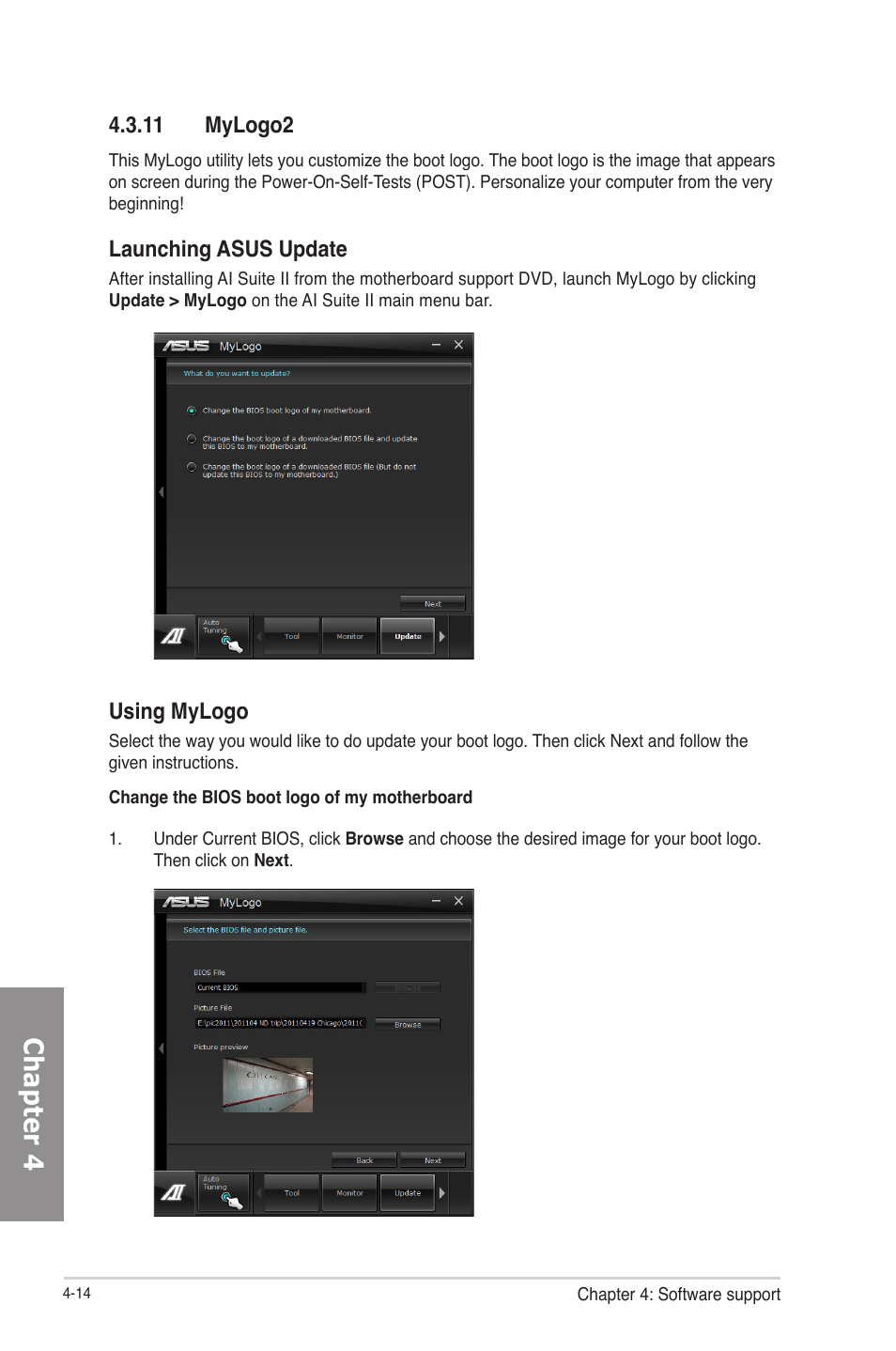 11 mylogo2, 11 mylogo2 -14, Chapter 4 | Launching asus update, Using mylogo | Asus P8H77-V User Manual | Page 114 / 150