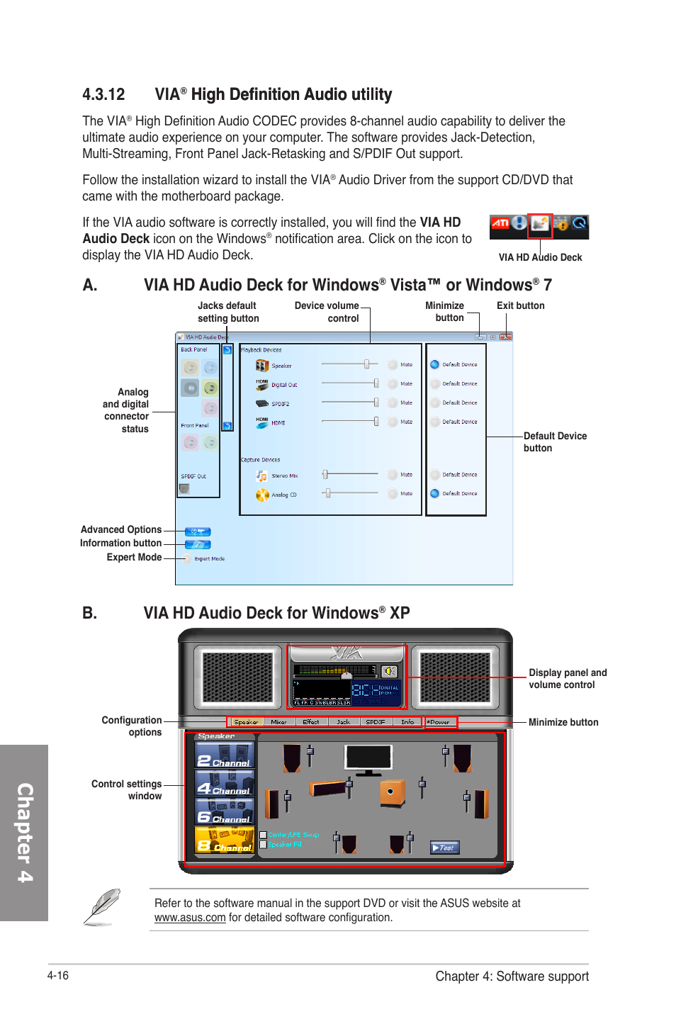 12 via® high definition audio utility, 12 via, High definition audio utility -16 | Chapter 4, High definition audio utility, A. via hd audio deck for windows, Vista™ or windows, B. via hd audio deck for windows | Asus P8H77-V User Manual | Page 116 / 150