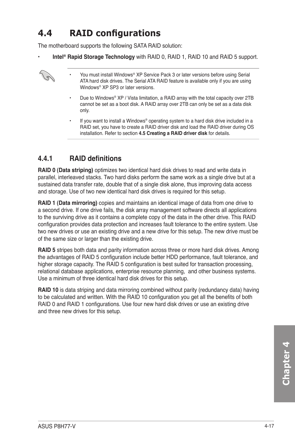 4 raid configurations, 1 raid definitions, Raid configurations -17 | Raid definitions -17, Chapter 4 4.4 raid configurations | Asus P8H77-V User Manual | Page 117 / 150