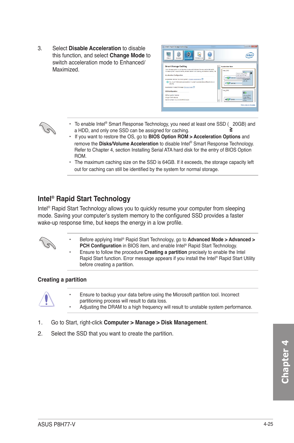 Chapter 4, Intel, Rapid start technology | Asus P8H77-V User Manual | Page 125 / 150