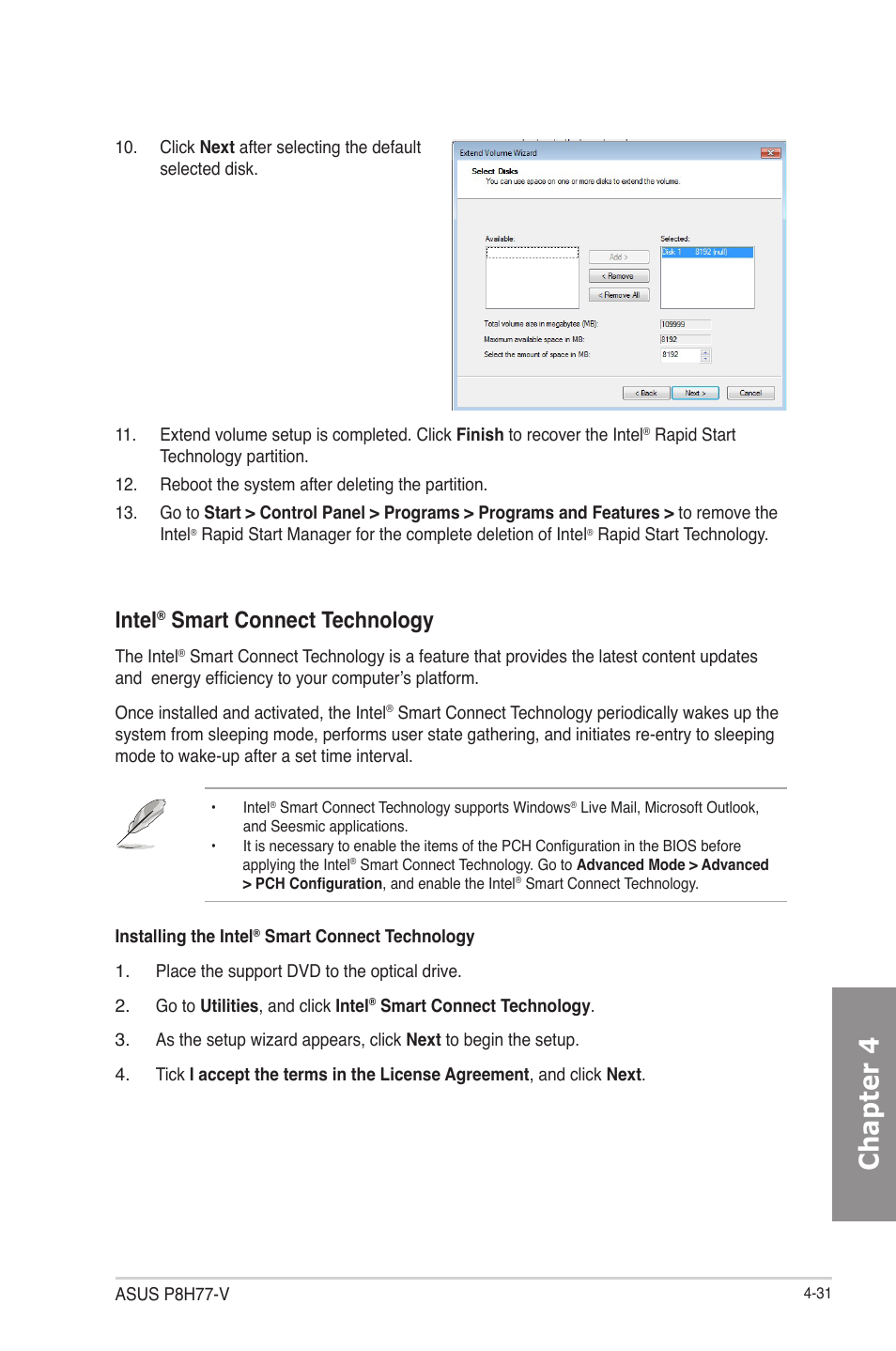 Chapter 4, Intel, Smart connect technology | Asus P8H77-V User Manual | Page 131 / 150