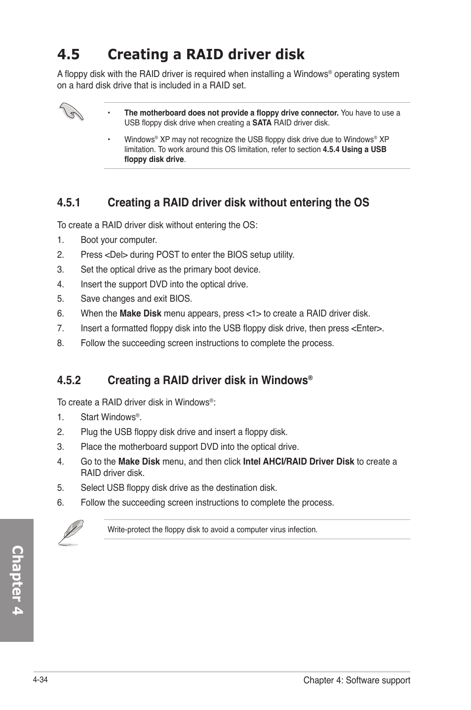 5 creating a raid driver disk, 2 creating a raid driver disk in windows, Creating a raid driver disk -34 | Creating a raid driver disk in windows, Chapter 4 4.5 creating a raid driver disk | Asus P8H77-V User Manual | Page 134 / 150