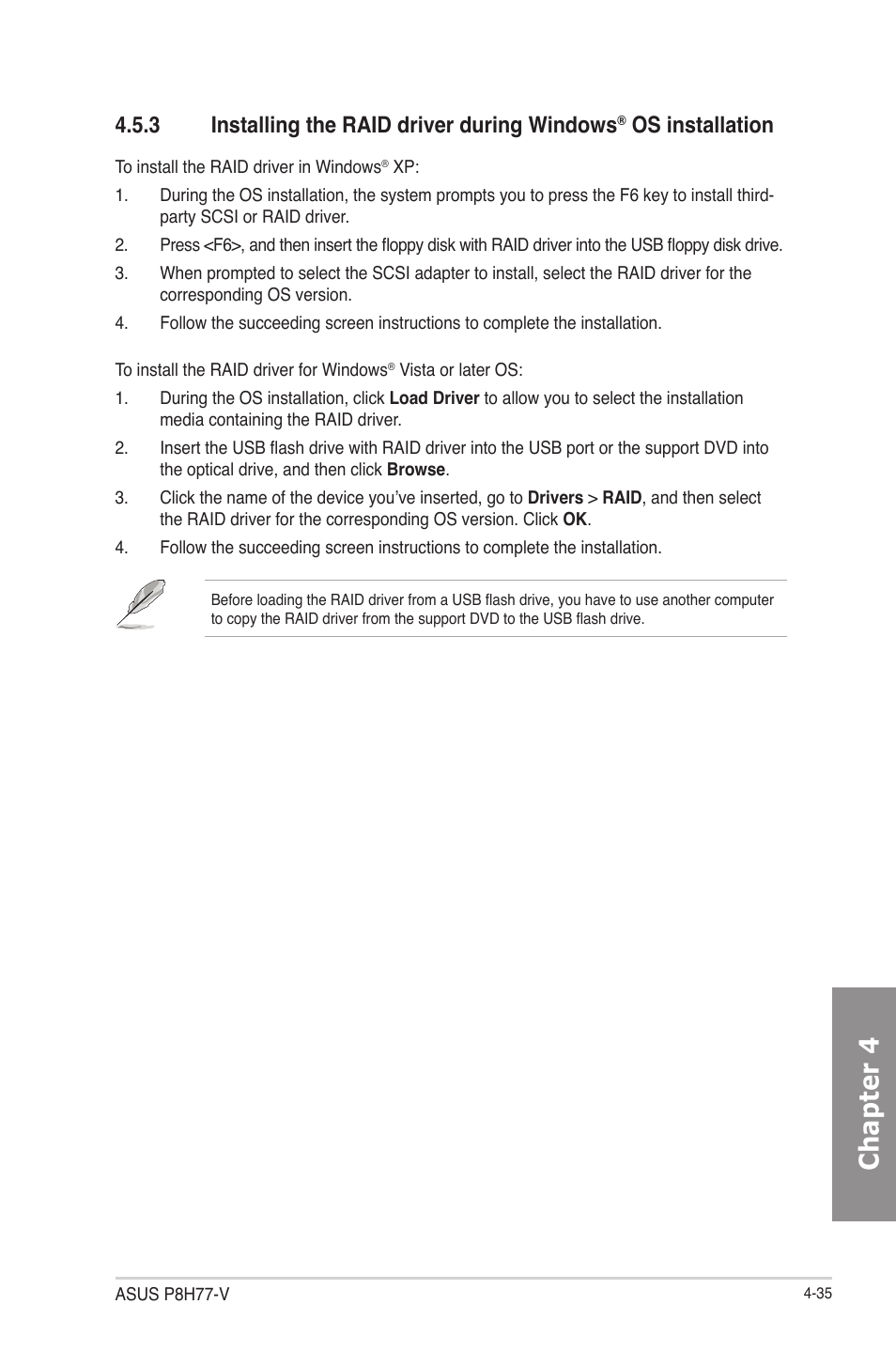 Installing the raid driver during windows, Os installation -35, Chapter 4 | 3 installing the raid driver during windows, Os installation | Asus P8H77-V User Manual | Page 135 / 150