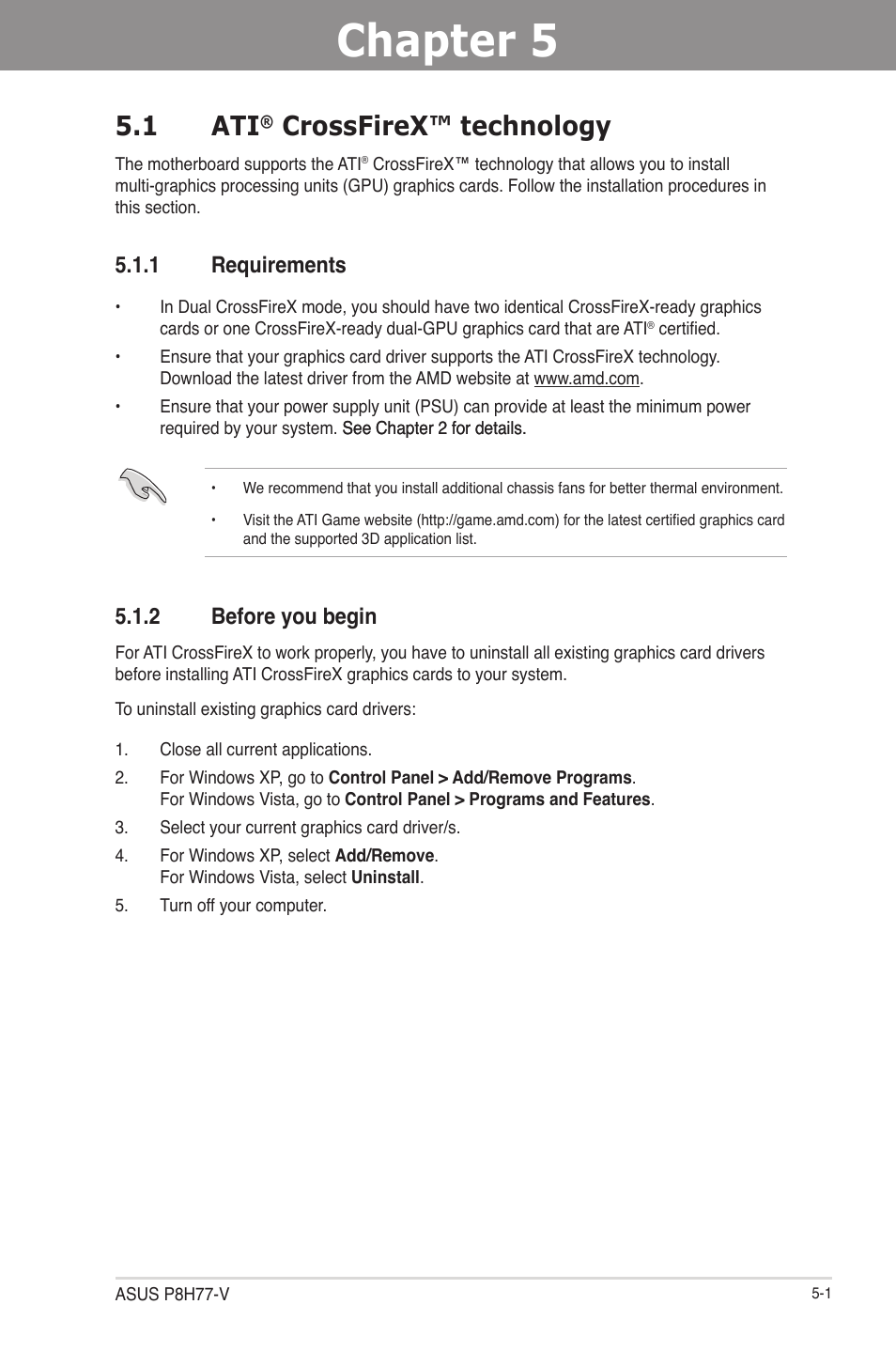 Chapter 5: multiple gpu technology support, 1 ati® crossfirex™ technology, 1 requirements | 2 before you begin, Chapter 5, Multiple gpu technology support, Crossfirex™ technology -1, Requirements -1, Before you begin -1, 1 ati | Asus P8H77-V User Manual | Page 139 / 150