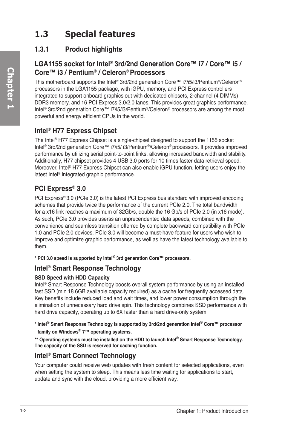 3 special features, 1 product highlights, Special features -2 | Product highlights -2, Chapter 1 1.3 special features, Celeron, Processors, Intel, H77 express chipset, Pci express | Asus P8H77-V User Manual | Page 14 / 150