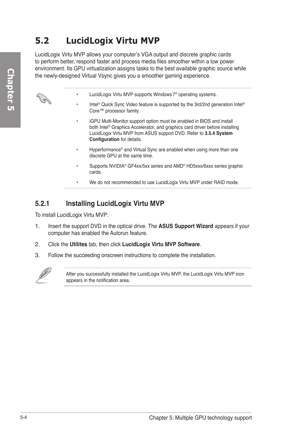2 lucidlogix virtu mvp, 1 installing lucidlogix virtu mvp, Lucidlogix virtu mvp -4 | Installing lucidlogix virtu mvp -4, Chapter 5 5.2 lucidlogix virtu mvp | Asus P8H77-V User Manual | Page 142 / 150