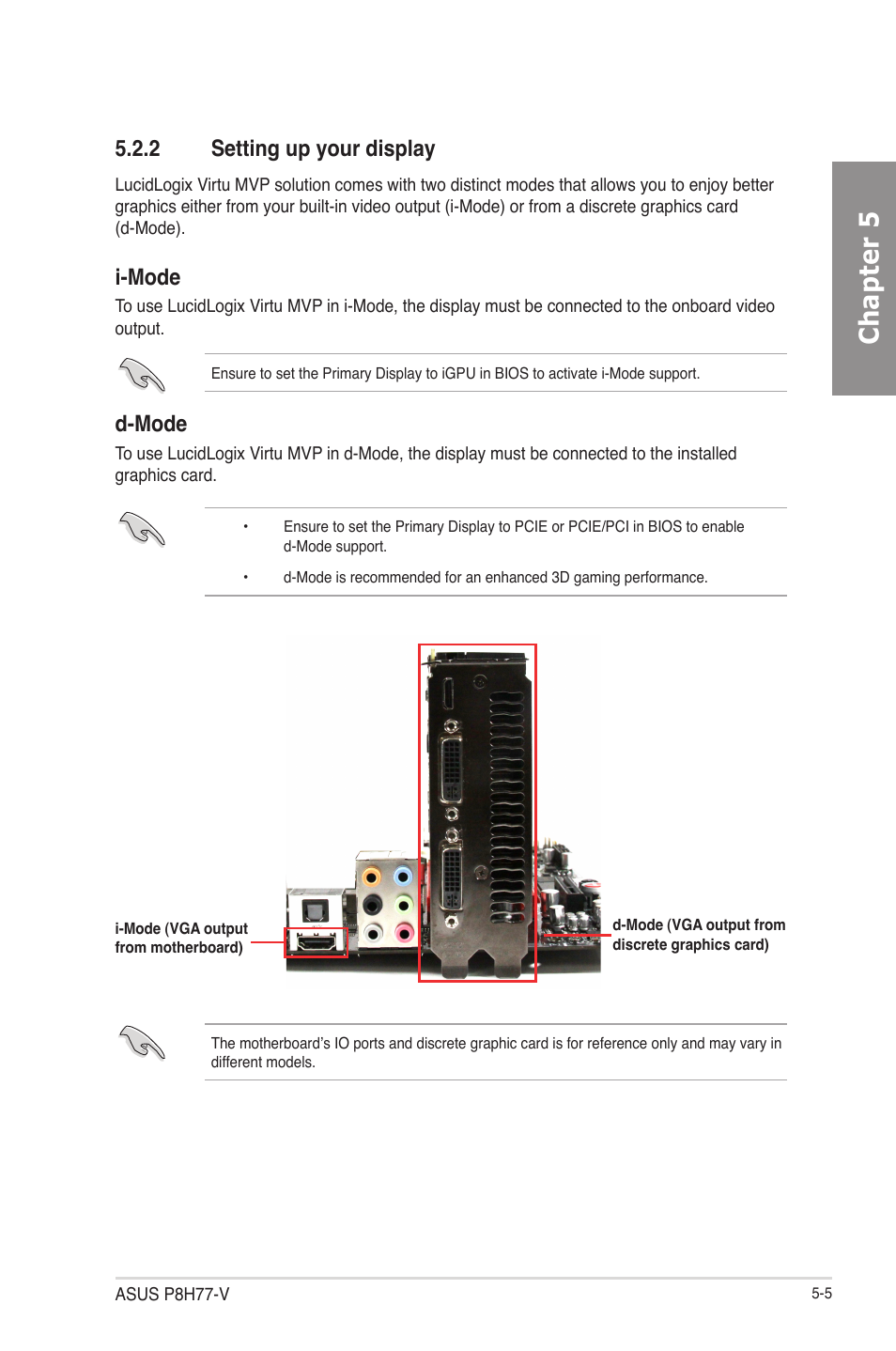 2 setting up your display, Setting up your display -5, Chapter 5 | I-mode, D-mode | Asus P8H77-V User Manual | Page 143 / 150