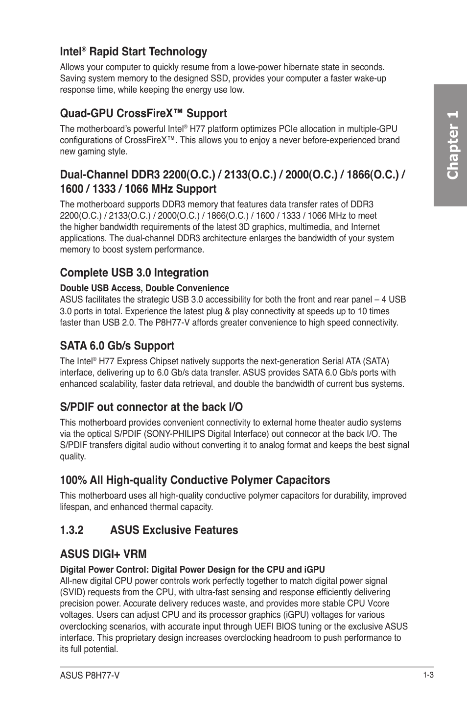 2 asus exclusive features, Asus exclusive features -3, Chapter 1 | Intel, Rapid start technology, Quad-gpu crossfirex™ support, Complete usb 3.0 integration, Sata 6.0 gb/s support, S/pdif out connector at the back i/o, 2 asus exclusive features asus digi+ vrm | Asus P8H77-V User Manual | Page 15 / 150