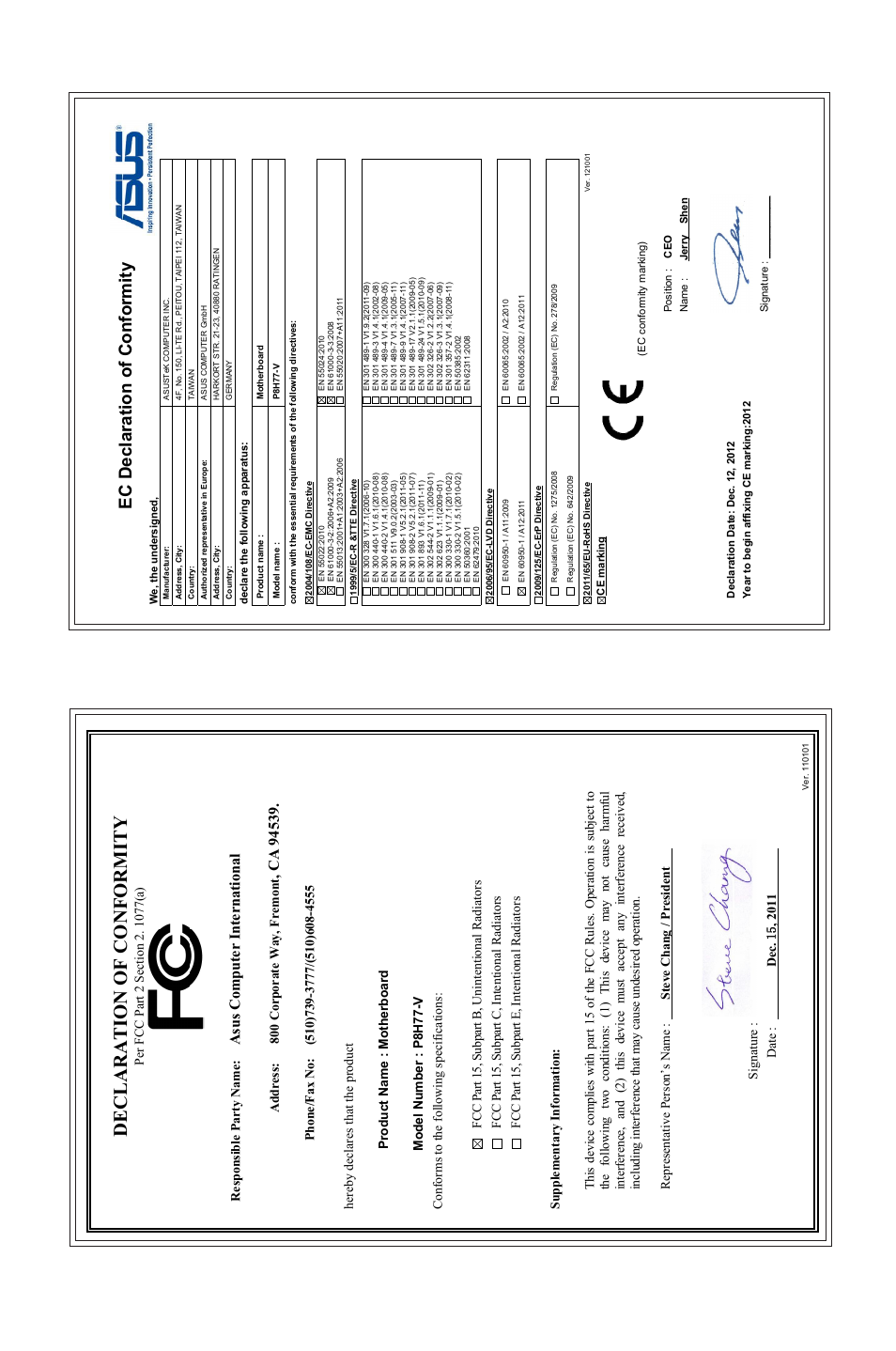 Declaration of conformity, Ec declaration of conformity, Asu s c om pu te r in te rn at io na l | Asus P8H77-V User Manual | Page 150 / 150