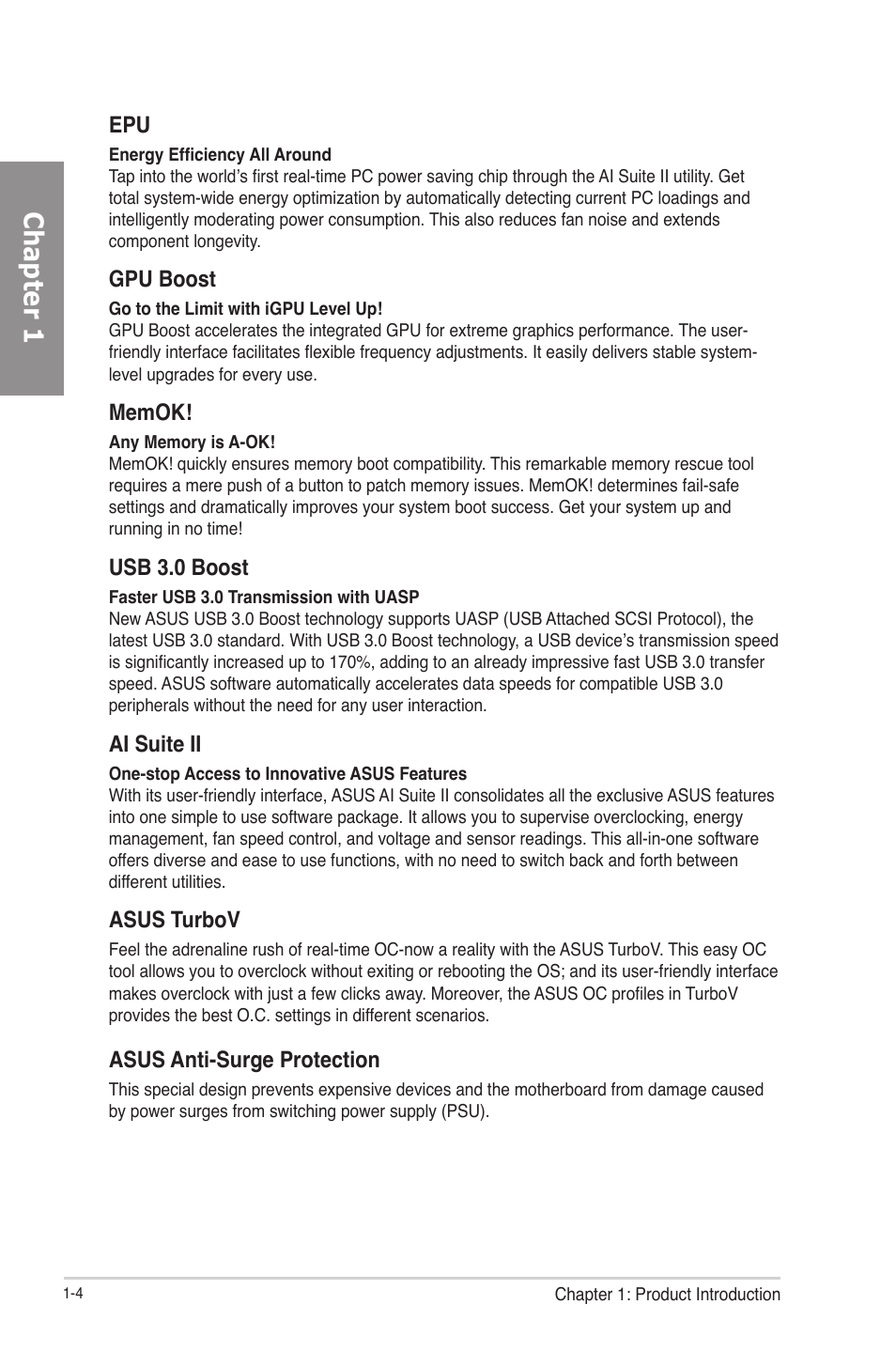 Chapter 1, Gpu boost, Usb 3.0 boost | Ai suite ii, Asus turbov, Asus anti-surge protection | Asus P8H77-V User Manual | Page 16 / 150