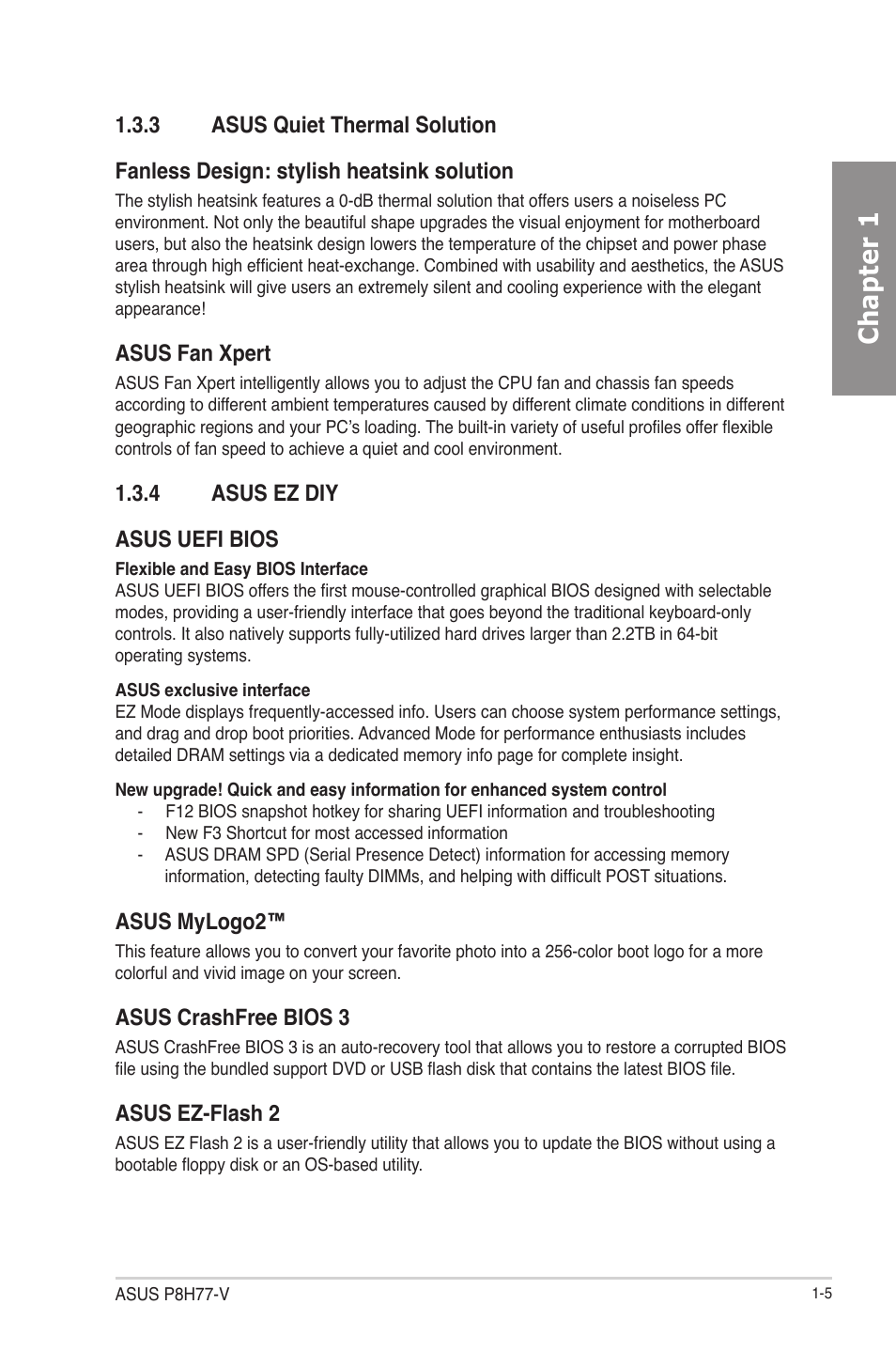 3 asus quiet thermal solution, 4 asus ez diy, Asus quiet thermal solution -5 | Asus ez diy -5, Chapter 1, Asus fan xpert, 4 asus ez diy asus uefi bios, Asus mylogo2, Asus crashfree bios 3, Asus ez-flash 2 | Asus P8H77-V User Manual | Page 17 / 150