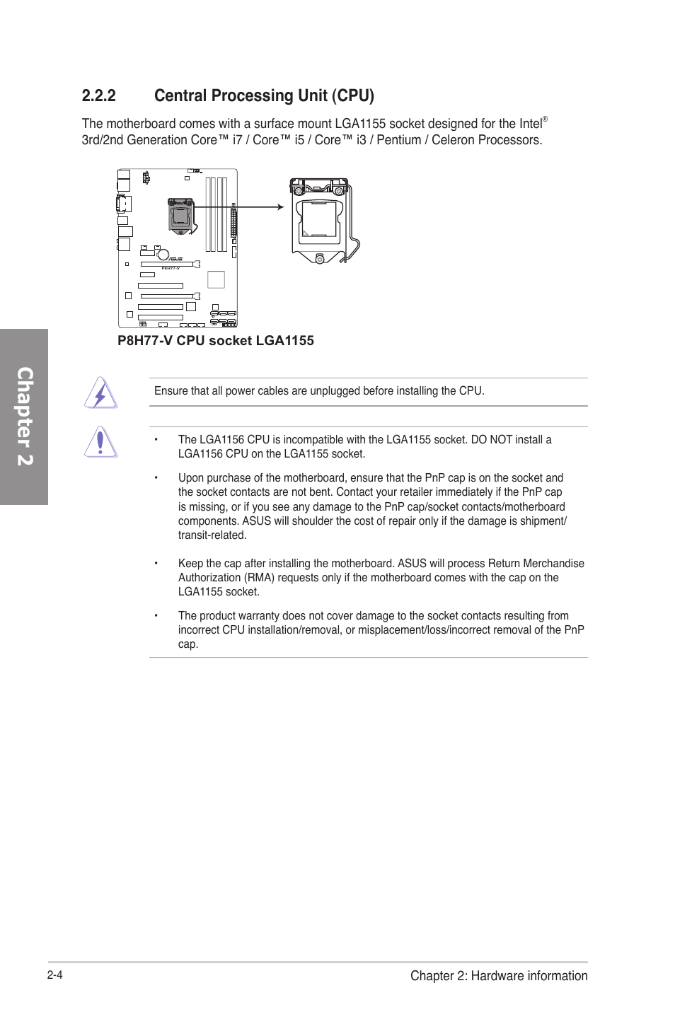 2 central processing unit (cpu), Central processing unit (cpu) -4, Chapter 2 | Asus P8H77-V User Manual | Page 22 / 150