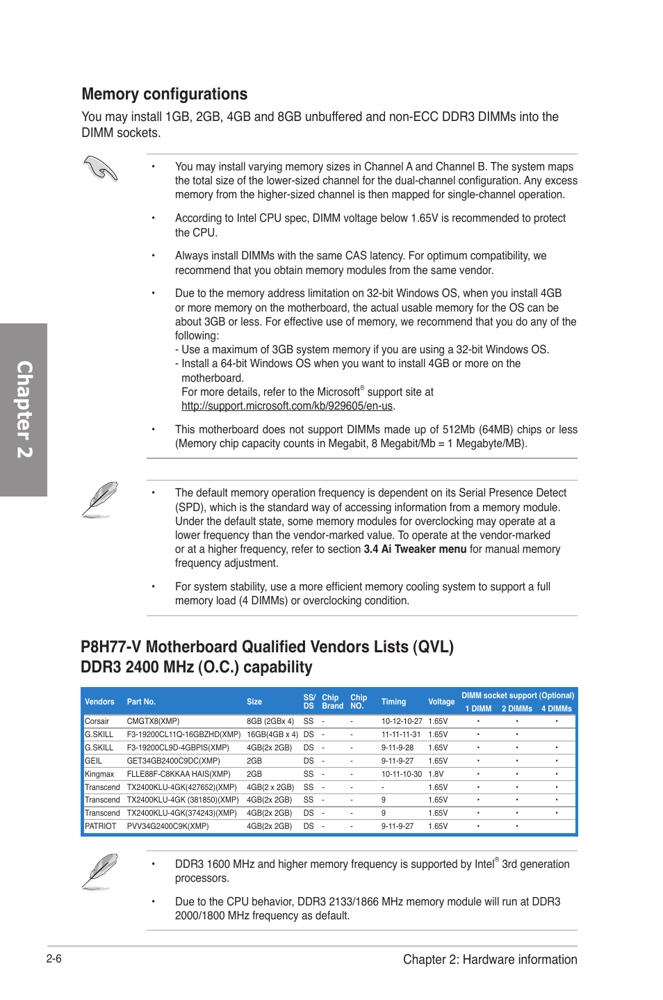 Chapter 2, Chapter 2: hardware information | Asus P8H77-V User Manual | Page 24 / 150