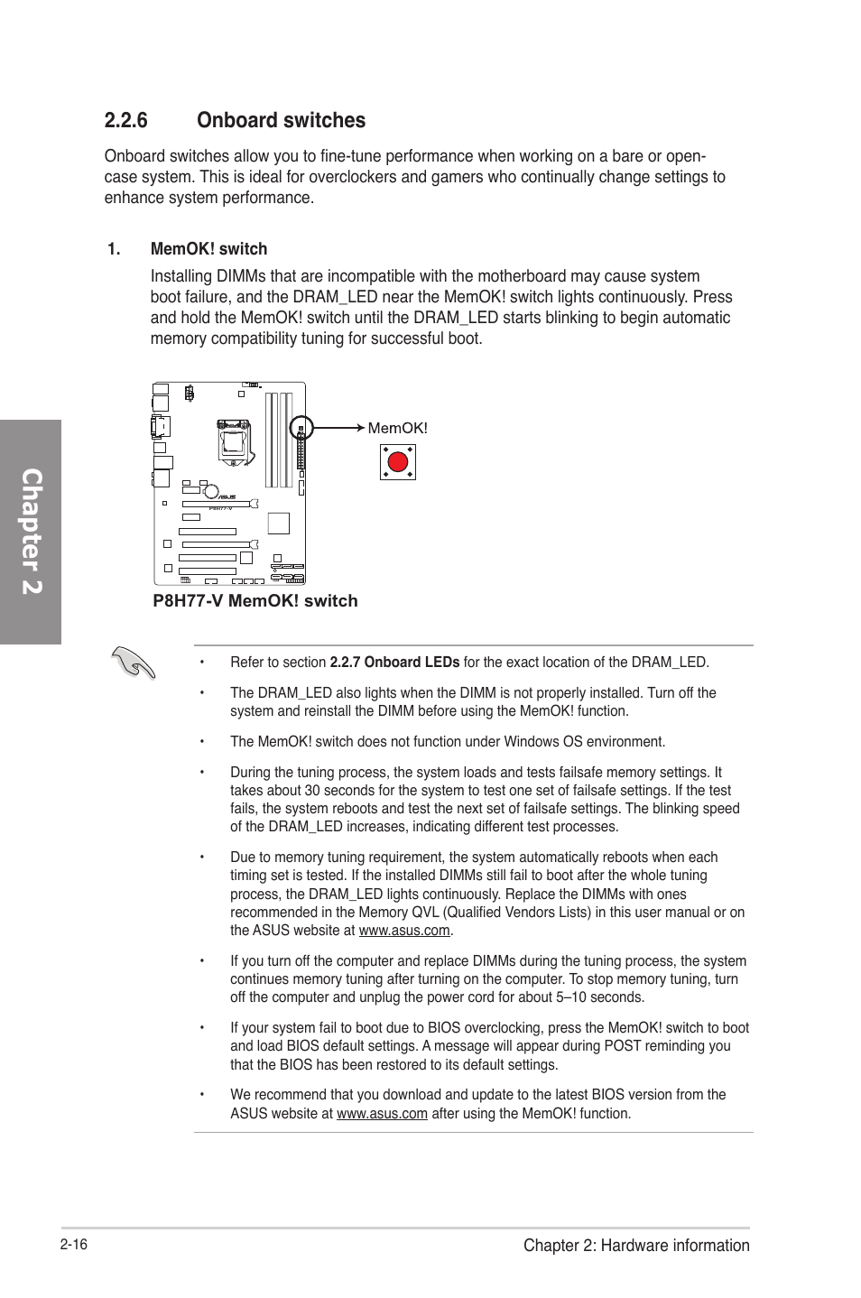 6 onboard switches, Onboard switches -16, Chapter 2 | Asus P8H77-V User Manual | Page 34 / 150