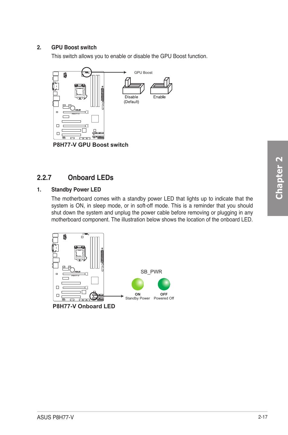 7 onboard leds, Onboard leds -17, Chapter 2 | Asus P8H77-V User Manual | Page 35 / 150