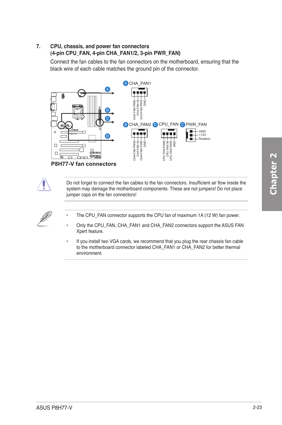 Chapter 2, Asus p8h77-v, P8h77-v fan connectors | Asus P8H77-V User Manual | Page 41 / 150