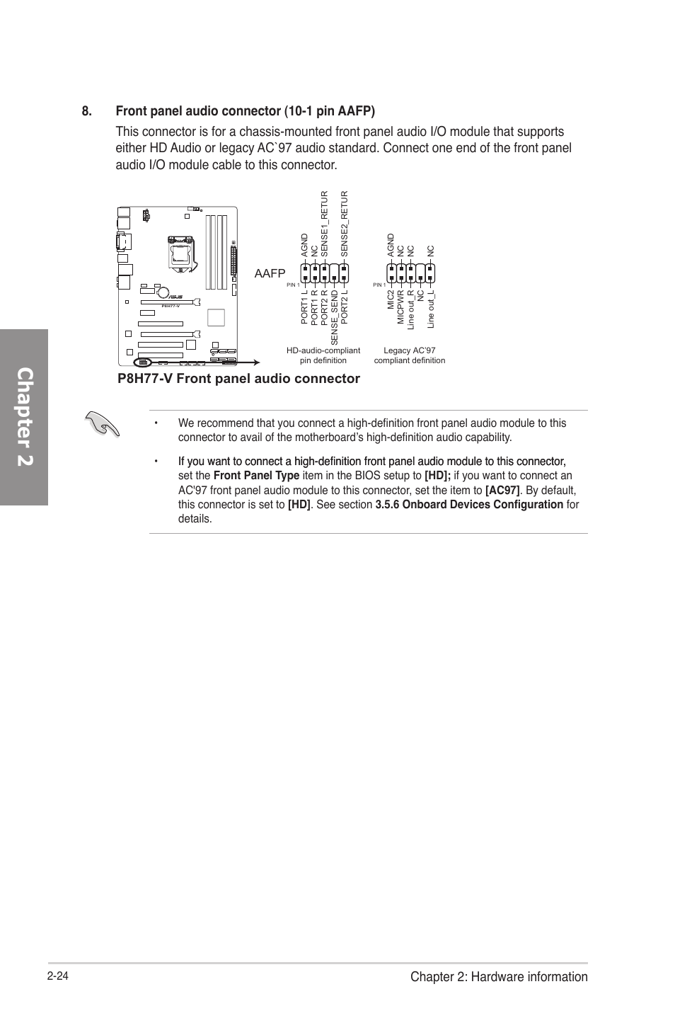 Chapter 2, Chapter 2: hardware information, P8h77-v front panel audio connector | Asus P8H77-V User Manual | Page 42 / 150