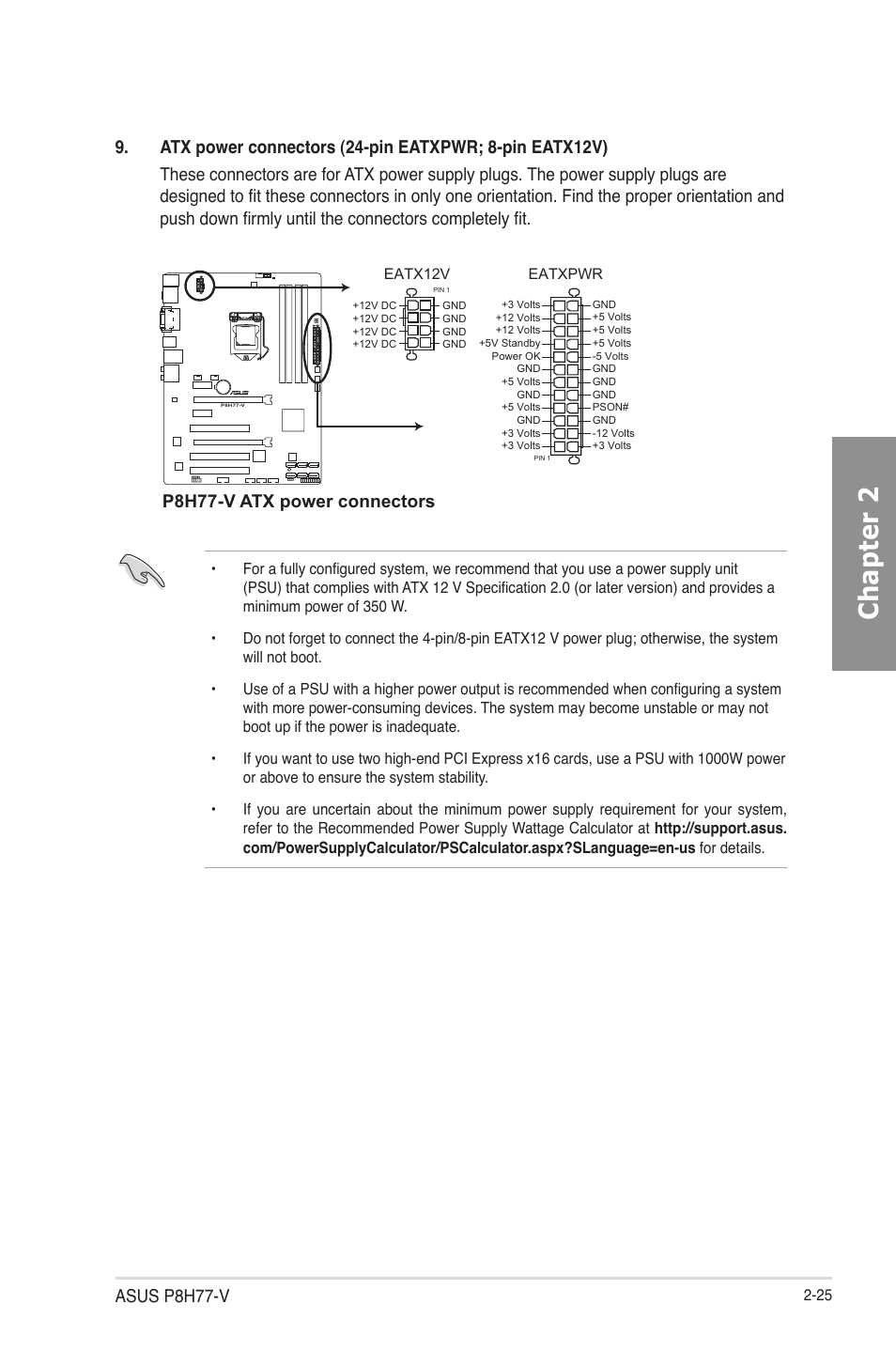 Chapter 2, Asus p8h77-v, P8h77-v atx power connectors | Asus P8H77-V User Manual | Page 43 / 150