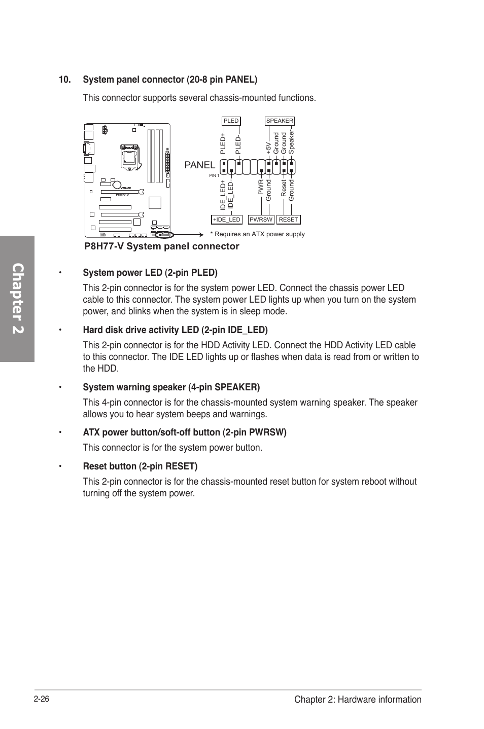 Chapter 2, Chapter 2: hardware information, P8h77-v system panel connector | Panel | Asus P8H77-V User Manual | Page 44 / 150