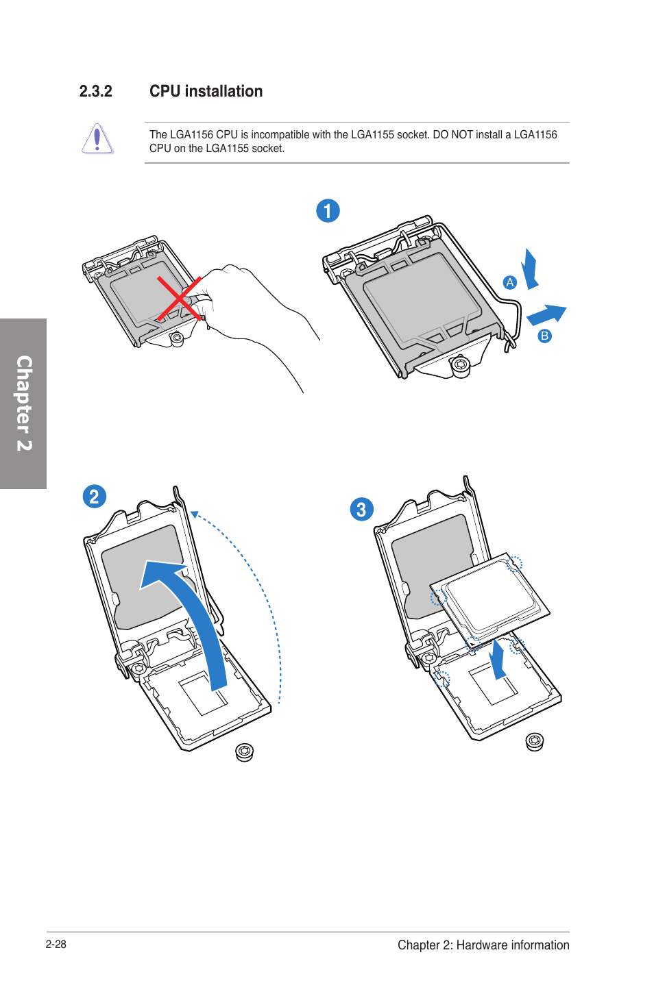 2 cpu installation, Cpu installation -28, Chapter 2 | Asus P8H77-V User Manual | Page 46 / 150