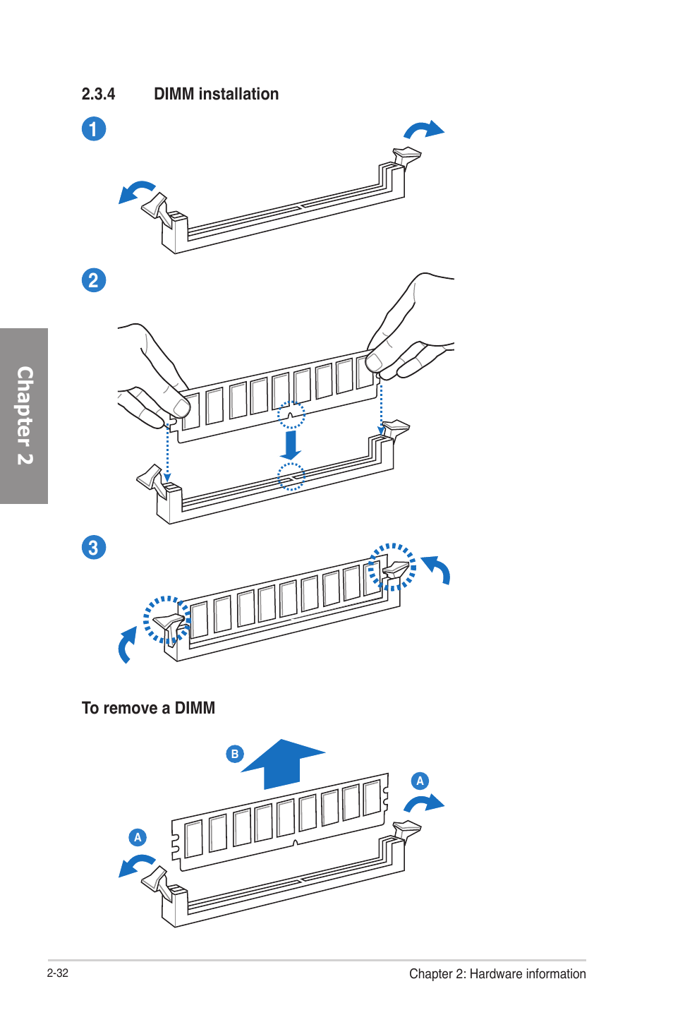 4 dimm installation, Dimm installation -32, Chapter 2 1 2 3 | Asus P8H77-V User Manual | Page 50 / 150