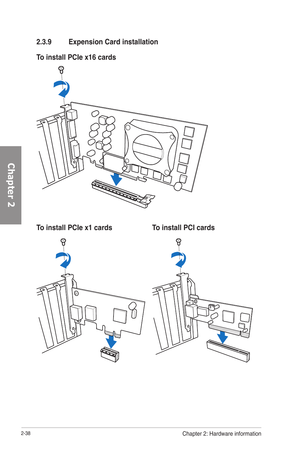 9 expension card installation, Expension card installation -38, Chapter 2 | Asus P8H77-V User Manual | Page 56 / 150