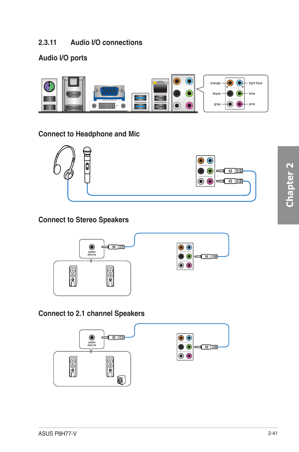 11 audio i/o connections, 11 audio i/o connections -41, Chapter 2 | Asus P8H77-V User Manual | Page 59 / 150