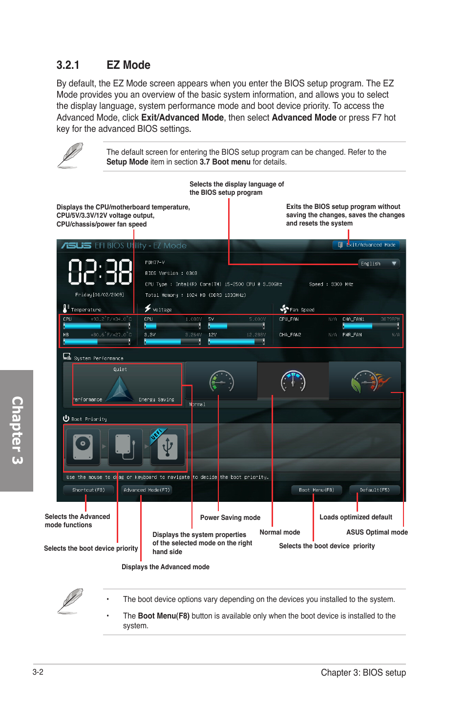 1 ez mode, Ez mode -2, Chapter 3 | Asus P8H77-V User Manual | Page 64 / 150