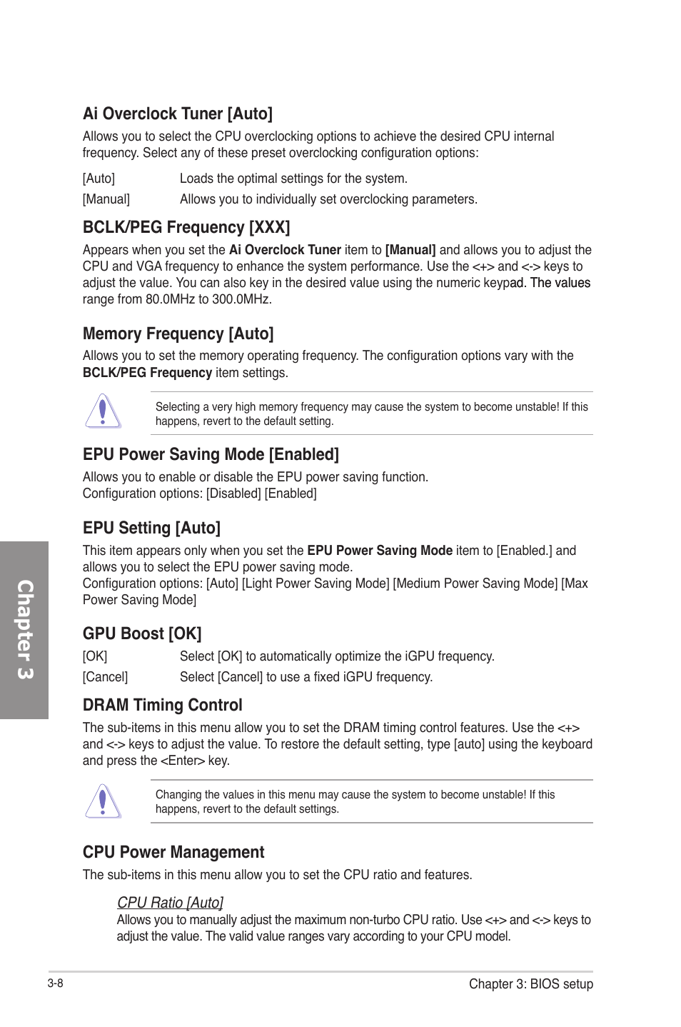 Chapter 3, Ai overclock tuner [auto, Bclk/peg frequency [xxx | Epu power saving mode [enabled, Epu setting [auto, Gpu boost [ok, Dram timing control, Cpu power management | Asus P8H77-V User Manual | Page 70 / 150