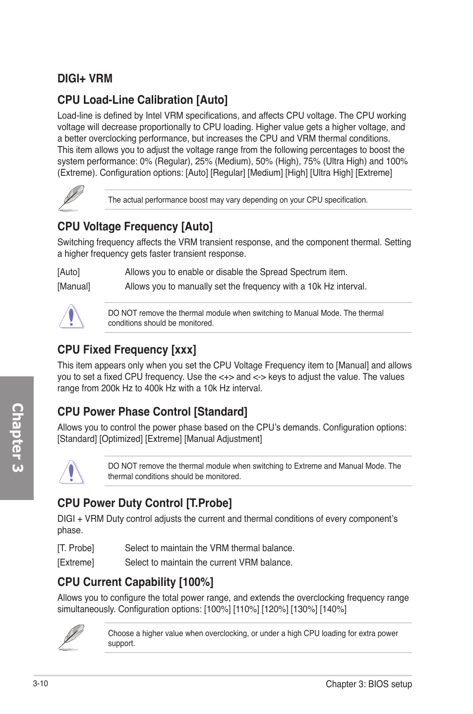 Chapter 3, Digi+ vrm cpu load-line calibration [auto, Cpu voltage frequency [auto | Cpu fixed frequency [xxx, Cpu power phase control [standard, Cpu power duty control [t.probe, Cpu current capability [100 | Asus P8H77-V User Manual | Page 72 / 150