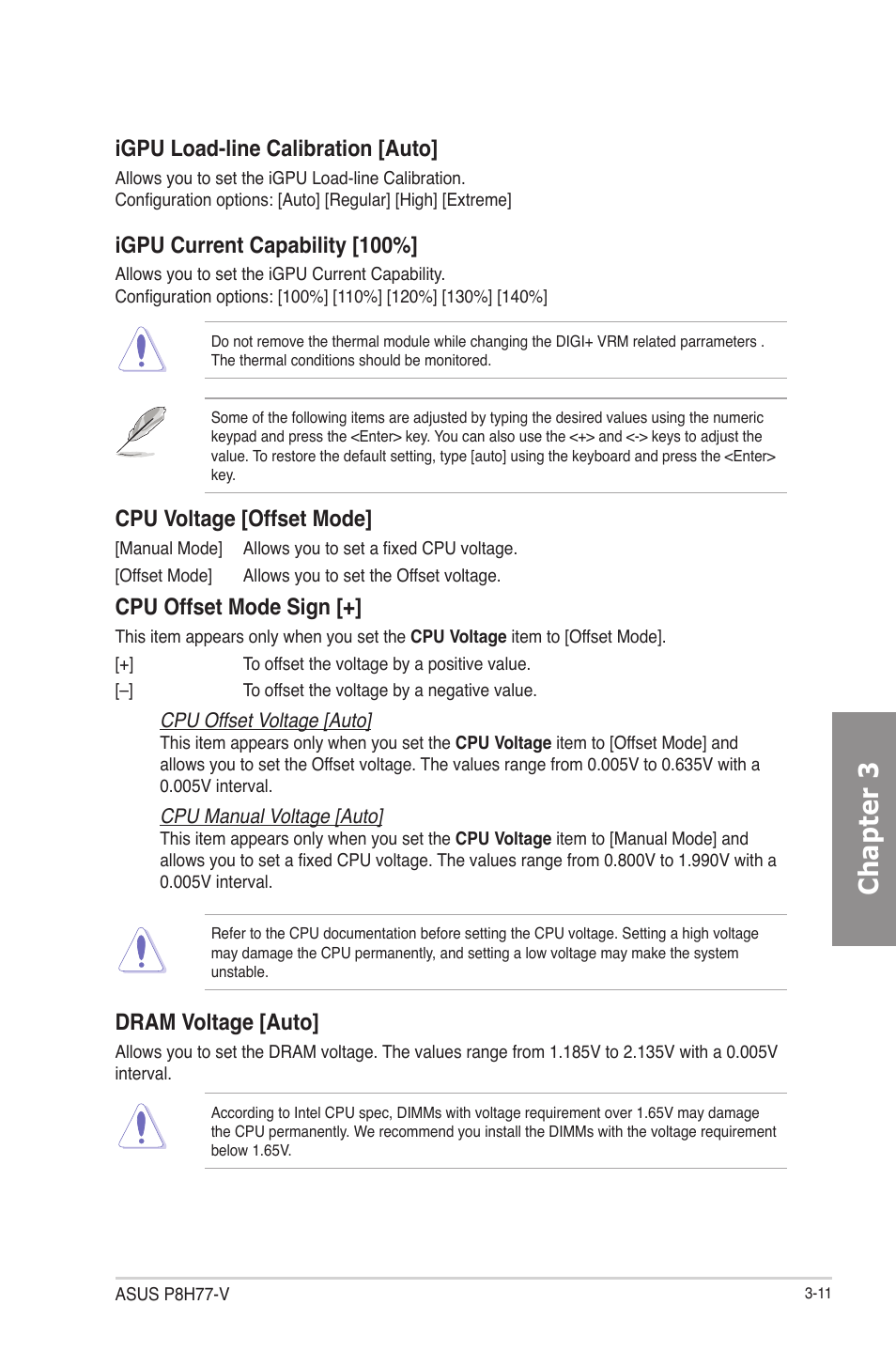 Chapter 3, Igpu load-line calibration [auto, Igpu current capability [100 | Cpu voltage [offset mode, Cpu offset mode sign, Dram voltage [auto | Asus P8H77-V User Manual | Page 73 / 150