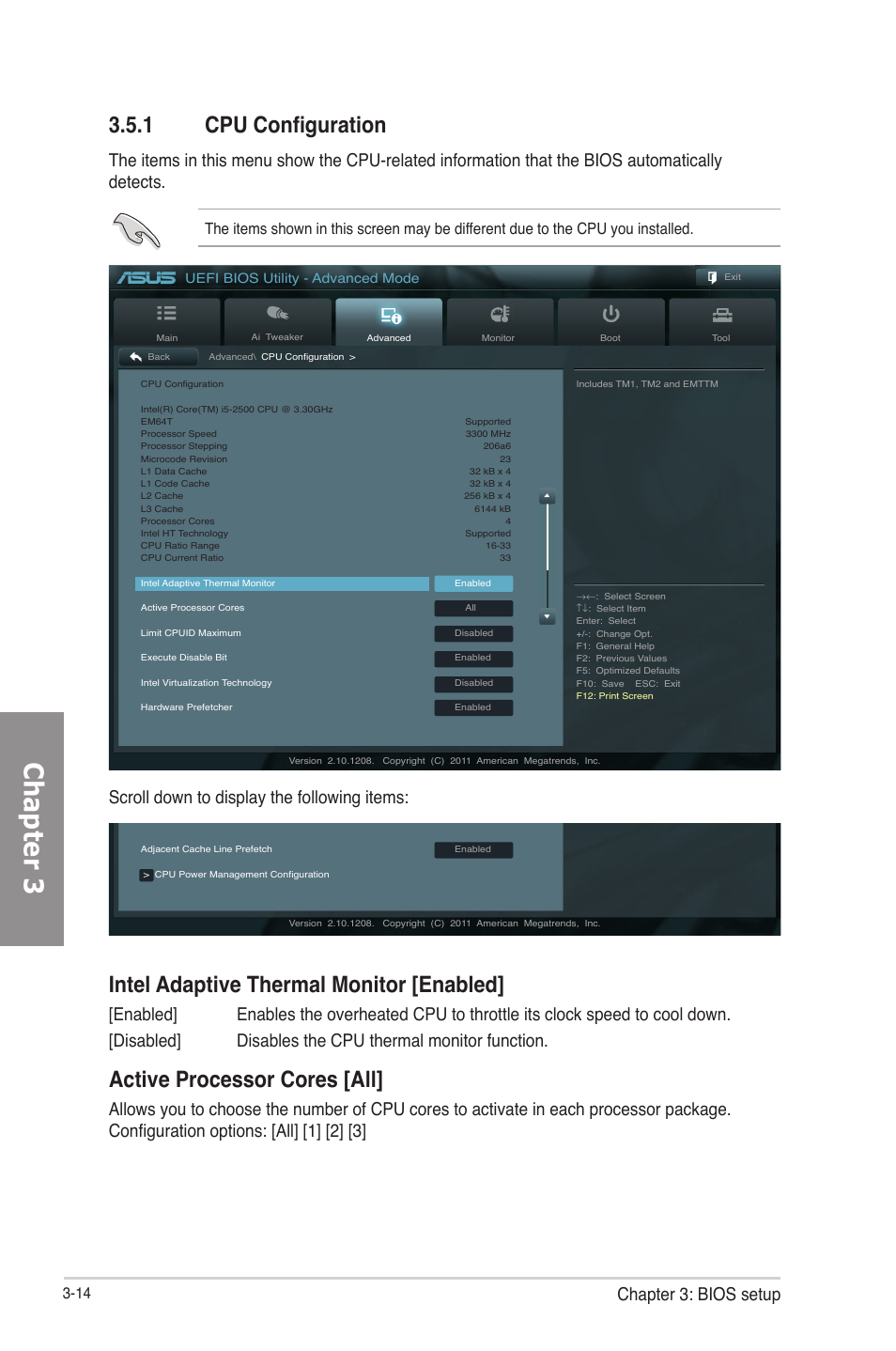 1 cpu configuration, Cpu configuration -14, Chapter 3 | Intel adaptive thermal monitor [enabled, Active processor cores [all, Chapter 3: bios setup, Scroll down to display the following items | Asus P8H77-V User Manual | Page 76 / 150