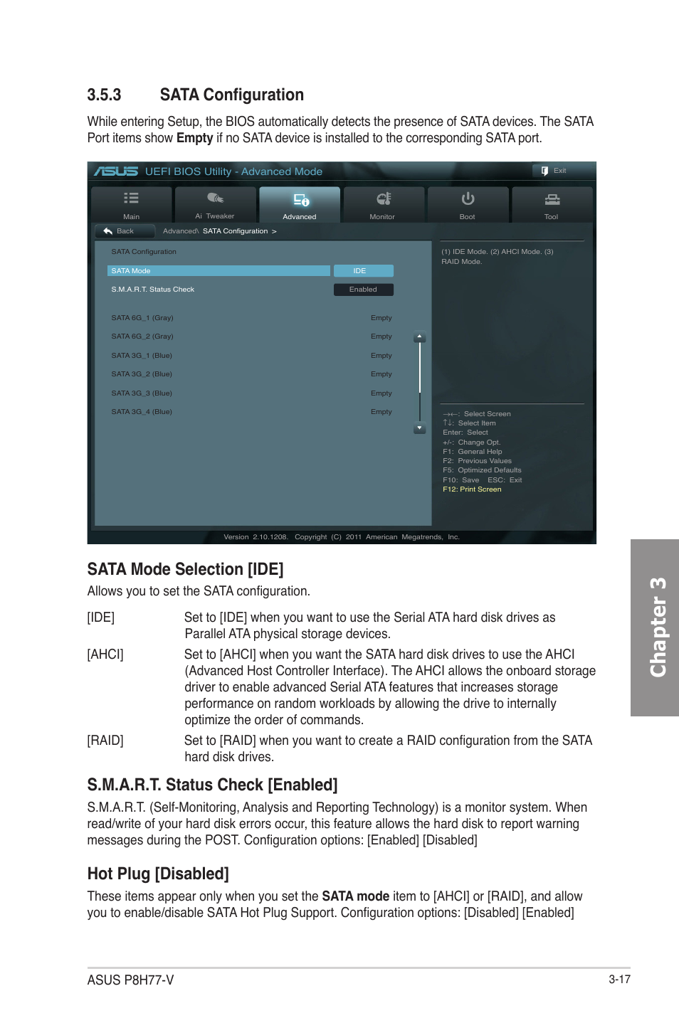 3 sata configuration, Sata configuration -17, Chapter 3 | Sata mode selection [ide, S.m.a.r.t. status check [enabled, Hot plug [disabled, Asus p8h77-v | Asus P8H77-V User Manual | Page 79 / 150