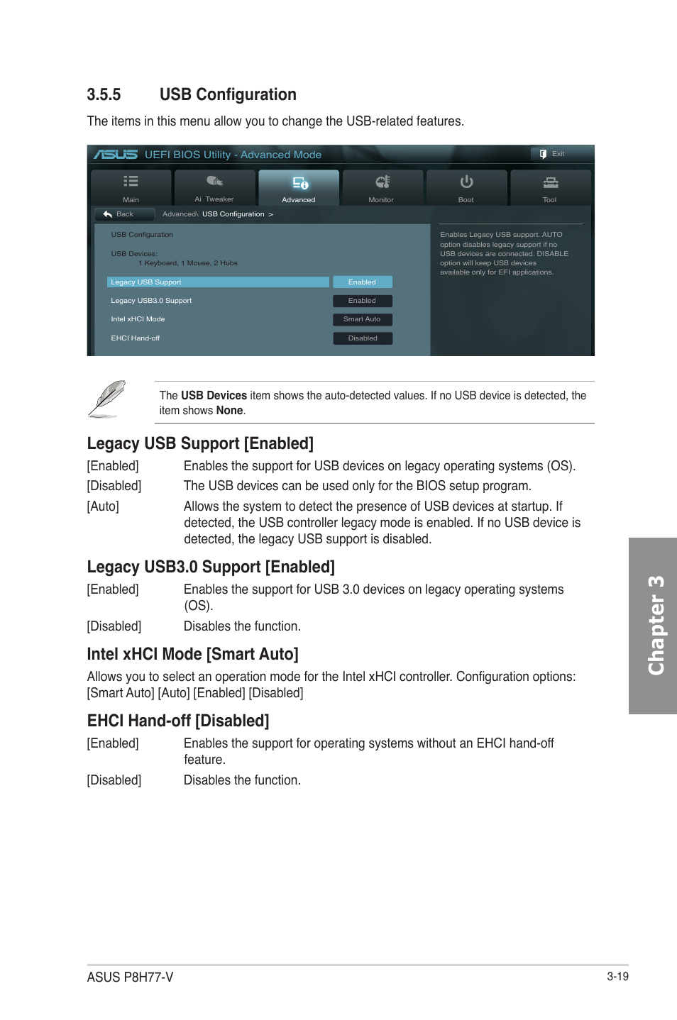 5 usb configuration, Usb configuration -19, Chapter 3 | Legacy usb support [enabled, Legacy usb3.0 support [enabled, Intel xhci mode [smart auto, Ehci hand-off [disabled, Asus p8h77-v | Asus P8H77-V User Manual | Page 81 / 150