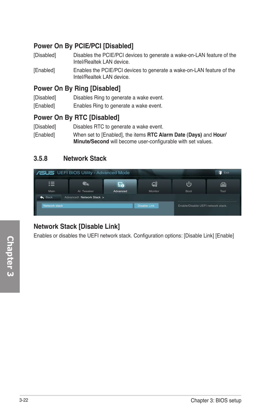 8 network stack, Network stack -22, Chapter 3 | Power on by pcie/pci [disabled, Power on by ring [disabled, Power on by rtc [disabled, Network stack [disable link | Asus P8H77-V User Manual | Page 84 / 150