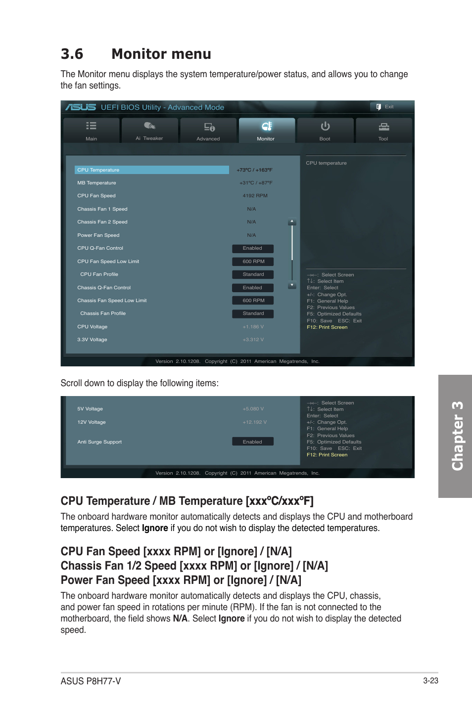 6 monitor menu, Monitor menu -23, Chapter 3 3.6 monitor menu | Asus p8h77-v | Asus P8H77-V User Manual | Page 85 / 150