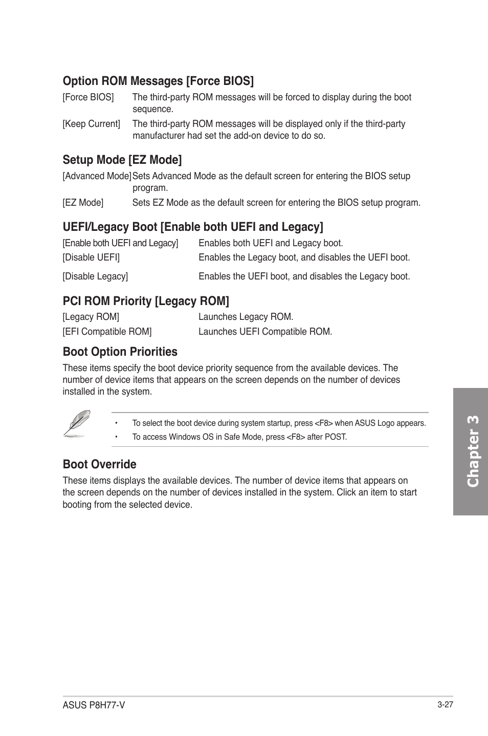 Chapter 3, Option rom messages [force bios, Setup mode [ez mode | Uefi/legacy boot [enable both uefi and legacy, Pci rom priority [legacy rom, Boot option priorities, Boot override | Asus P8H77-V User Manual | Page 89 / 150