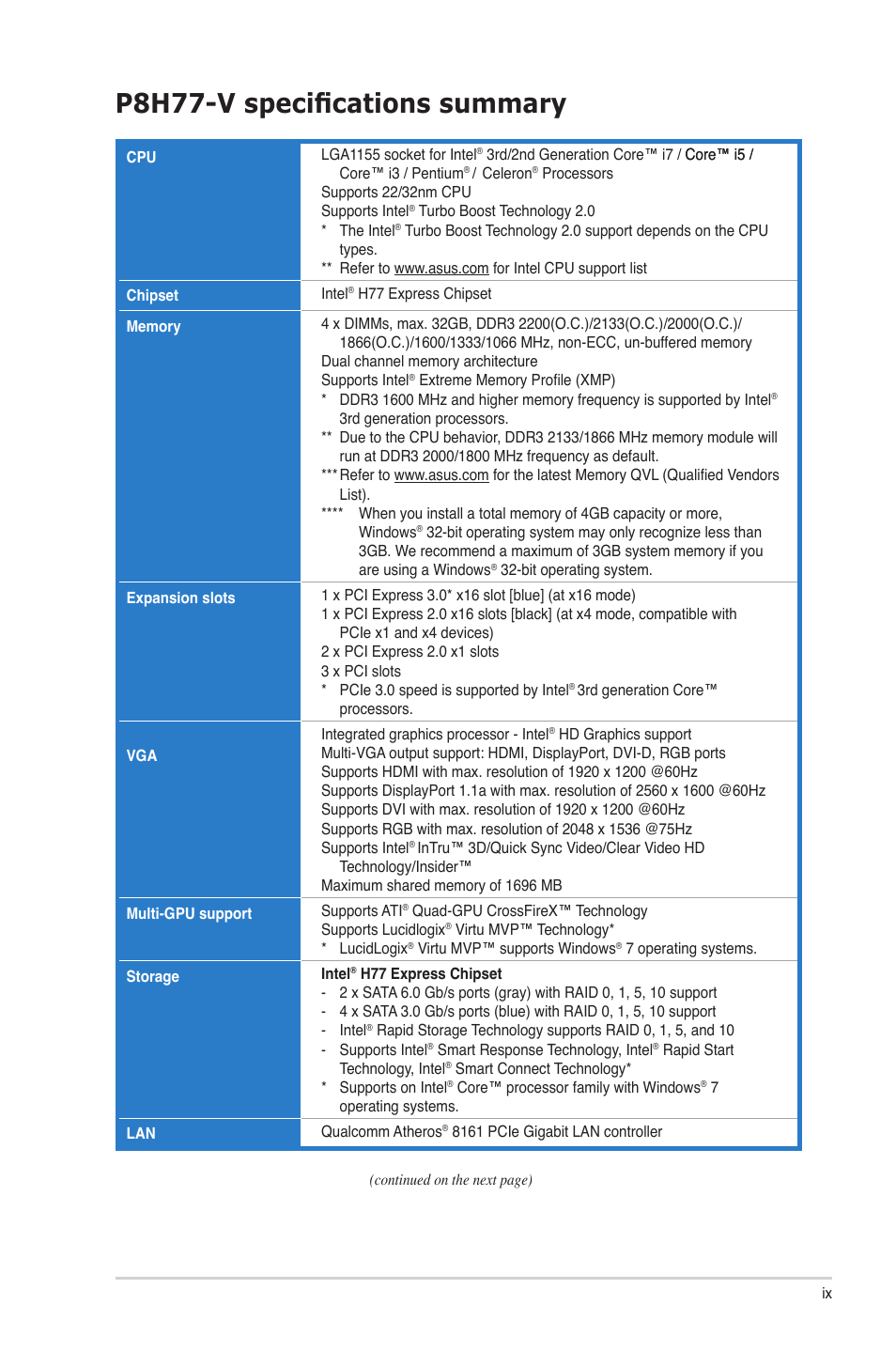 P8h77-v specifications summary | Asus P8H77-V User Manual | Page 9 / 150