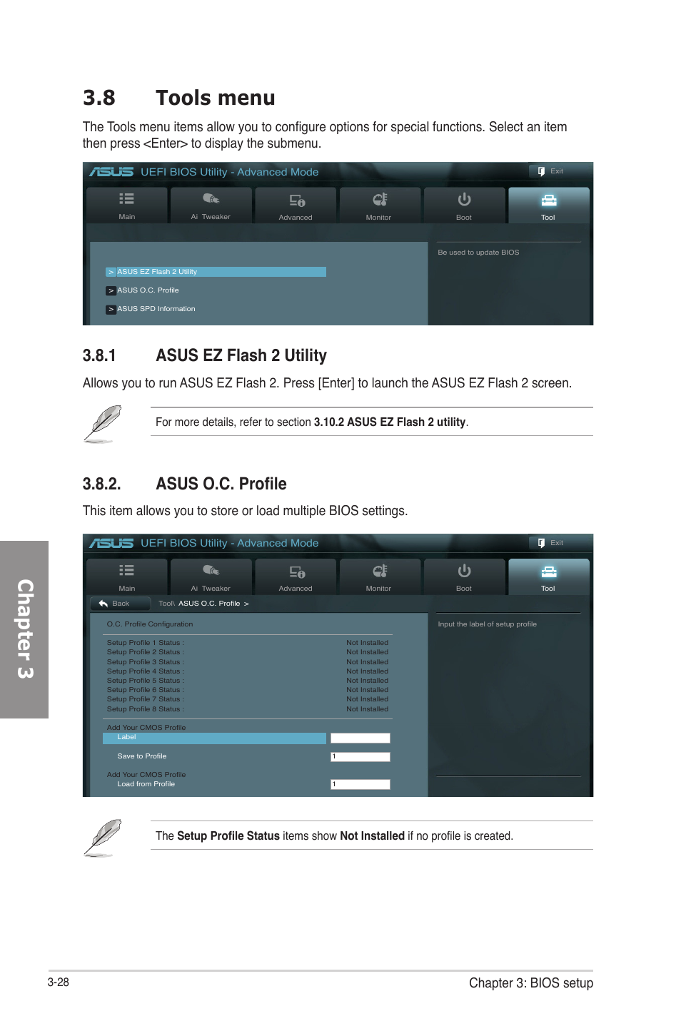 8 tools menu, 1 asus ez flash 2 utility, Asus o.c. profile | Tools menu -28, Asus ez flash 2 utility -28, Asus o.c. profile -28, Chapter 3 3.8 tools menu, Chapter 3: bios setup | Asus P8H77-V User Manual | Page 90 / 150