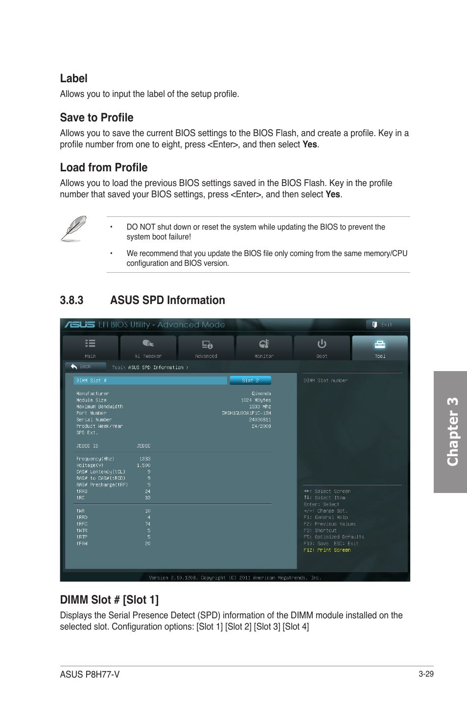 3 asus spd information, Asus spd information -29, Chapter 3 | Label, Save to profile, Load from profile, 3 asus spd information dimm slot # [slot 1 | Asus P8H77-V User Manual | Page 91 / 150