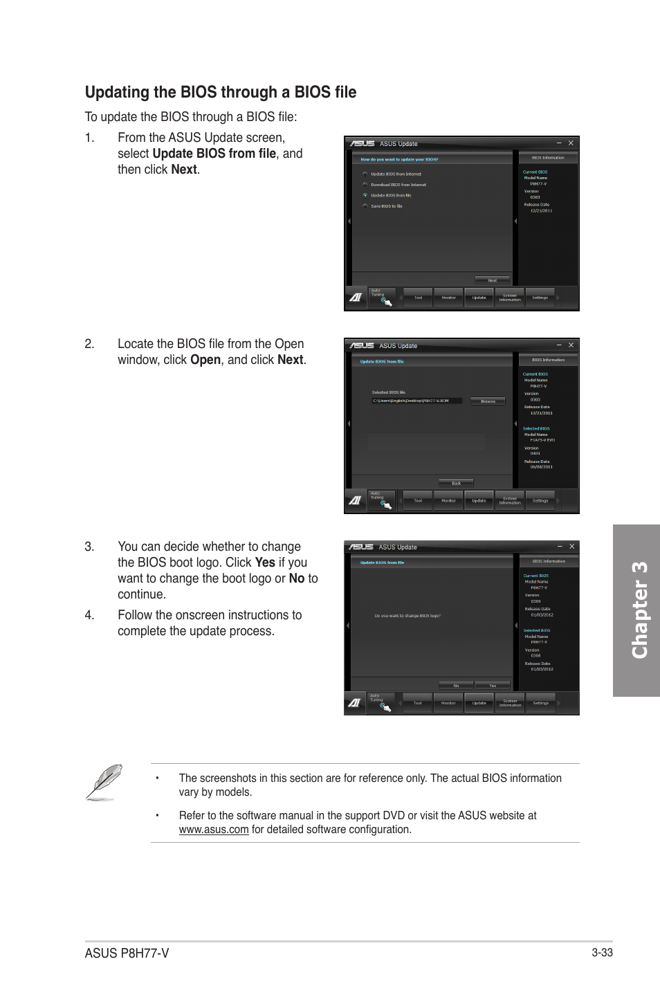 Chapter 3, Updating the bios through a bios file | Asus P8H77-V User Manual | Page 95 / 150